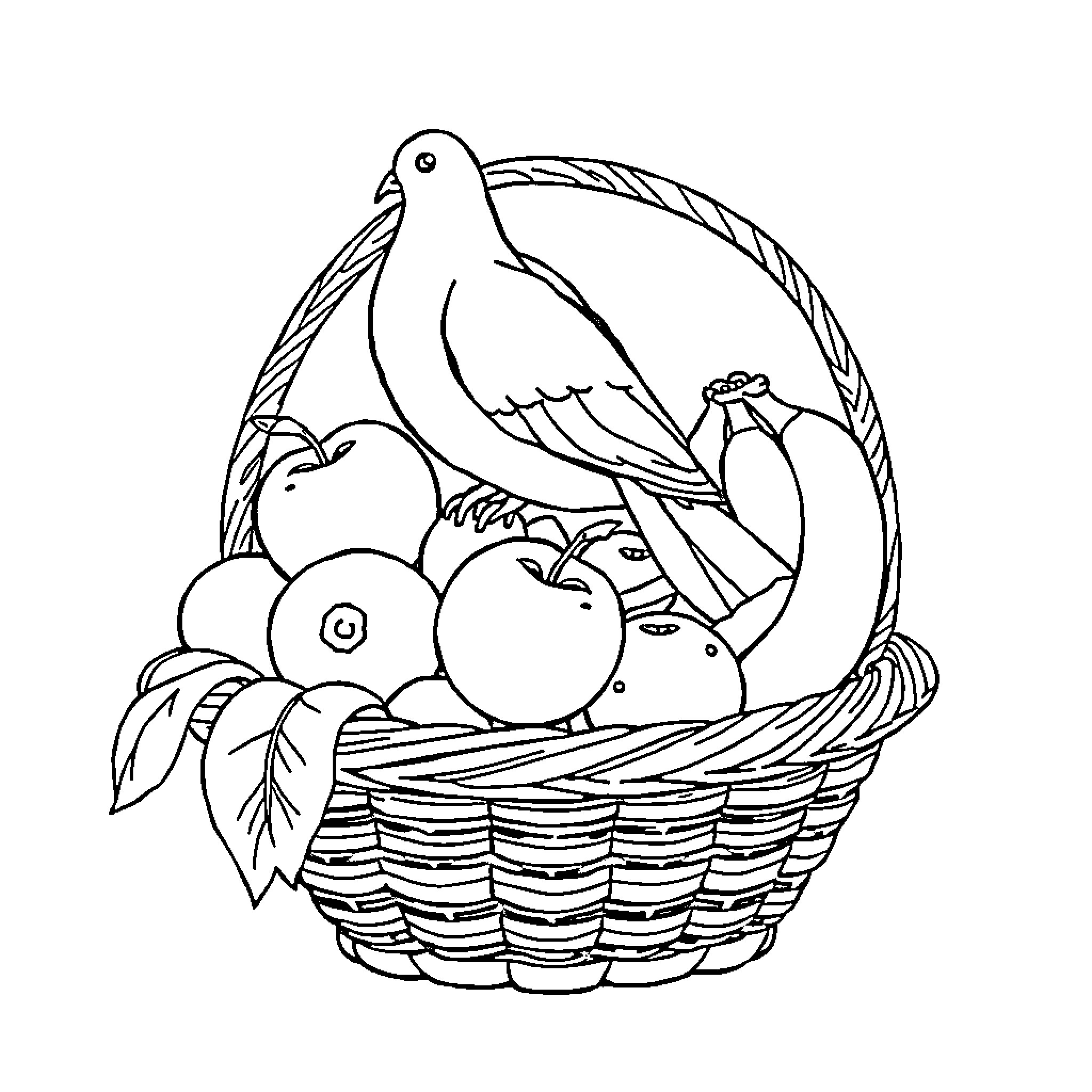 Fruit basket with dove and apples Coloring Page (free black-and-white line drawing printable PDF for all, from beginners to advanced learners, including children, teens, adults, and seniors)