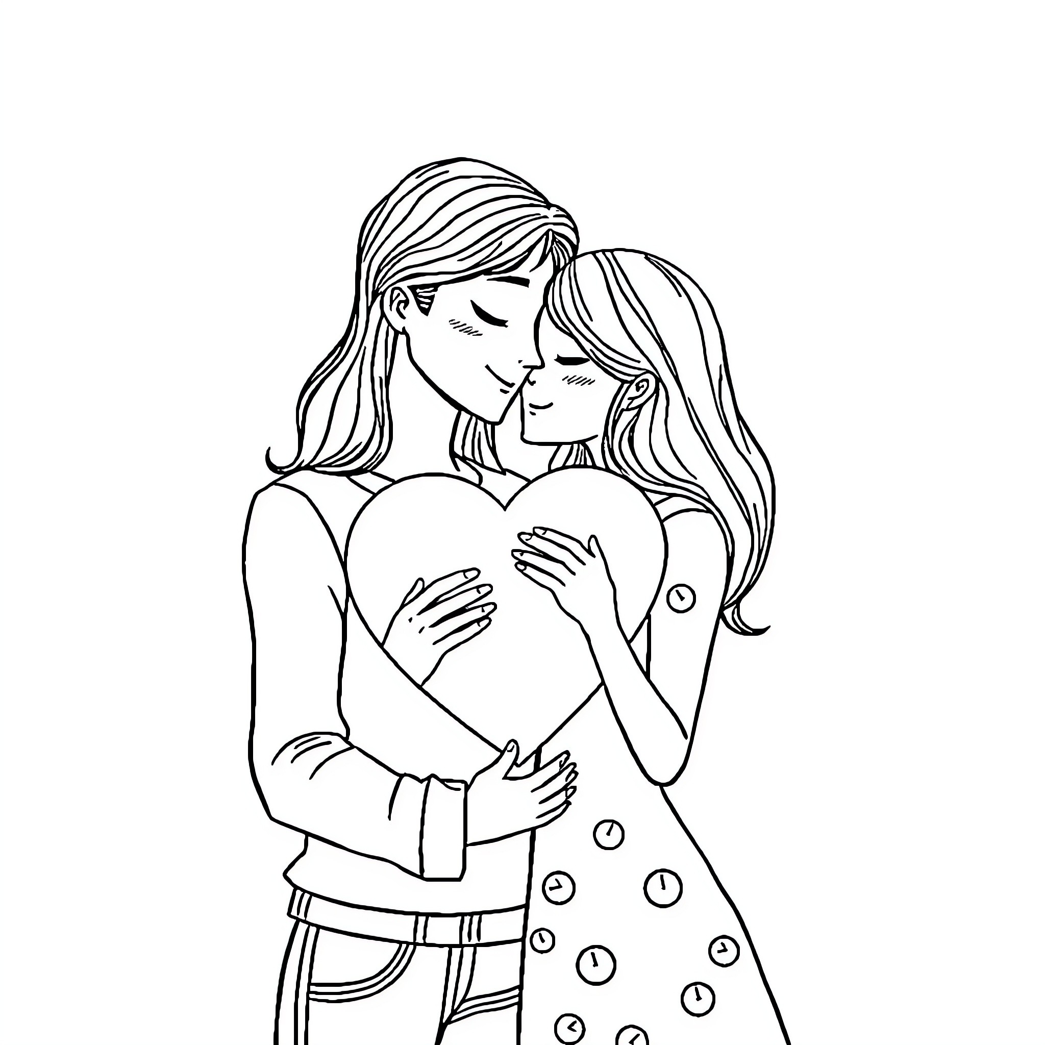 Pareja amorosa en cálido abrazo Coloring Page (free black-and-white line drawing printable PDF for all, from beginners to advanced learners, including children, teens, adults, and seniors)