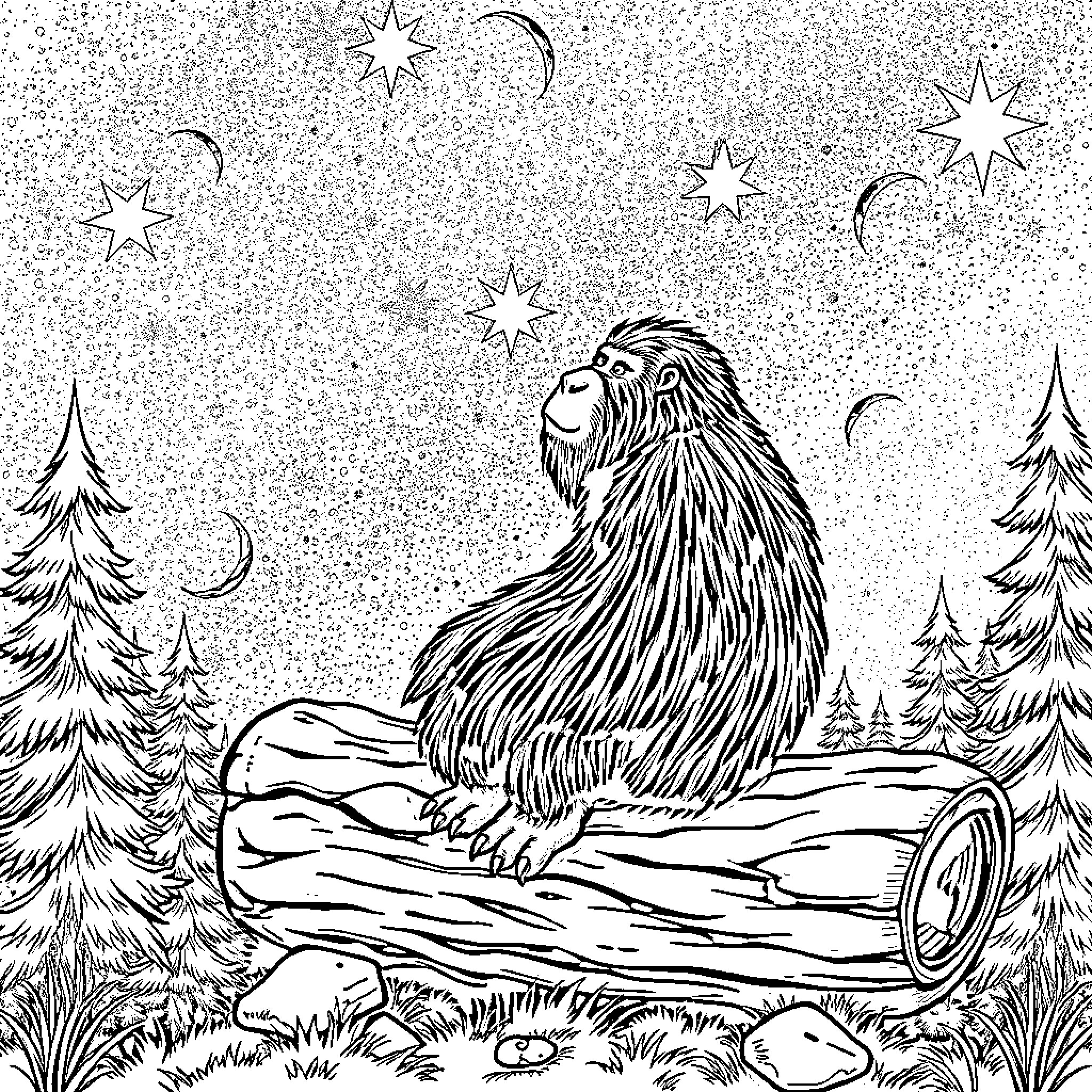 Sasquatch gazing at the starry night sky Coloring Page (free black-and-white line drawing printable PDF for all, from beginners to advanced learners, including children, teens, adults, and seniors)