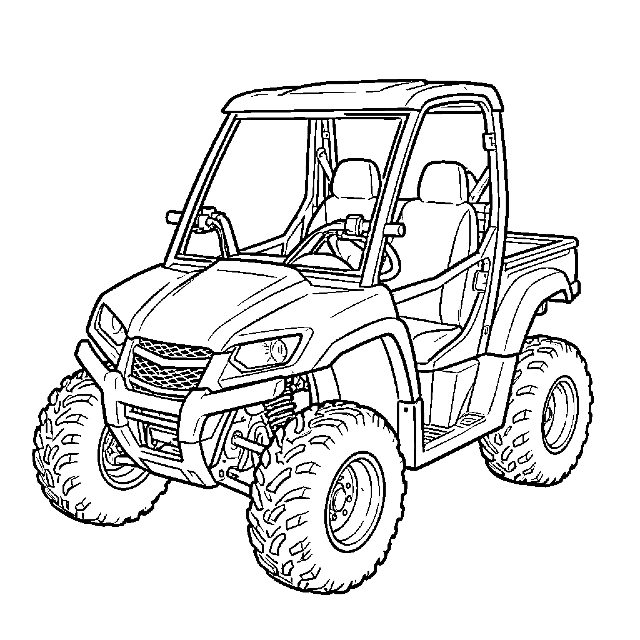 ATV with rugged tires tackling outdoor terrain Coloring Page (free black-and-white line drawing printable PDF for all, from beginners to advanced learners, including children, teens, adults, and seniors)