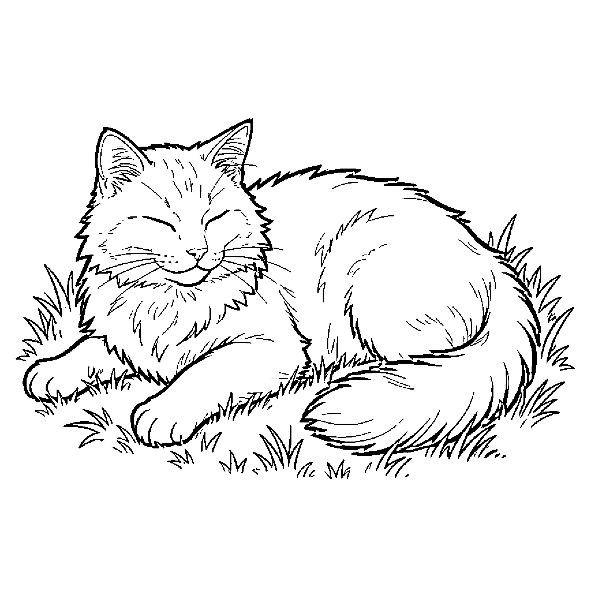 Cat resting peacefully in the grass Coloring Page (free black-and-white line drawing printable PDF for all, from beginners to advanced learners, including children, teens, adults, and seniors)