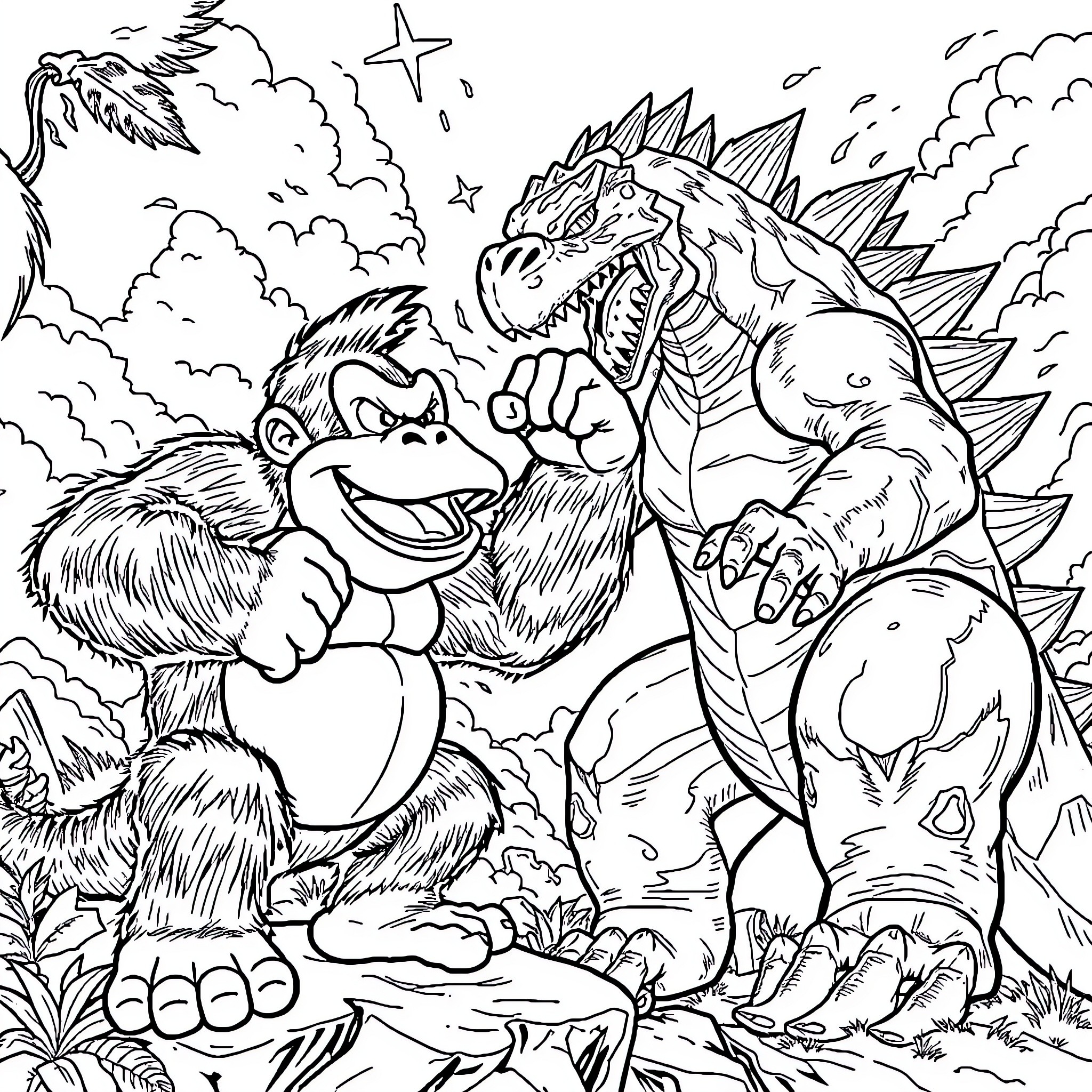 Donkey Kong fighting against a fierce dinosaur in the wild Coloring Page (free black-and-white line drawing printable PDF for all, from beginners to advanced learners, including children, teens, adults, and seniors)