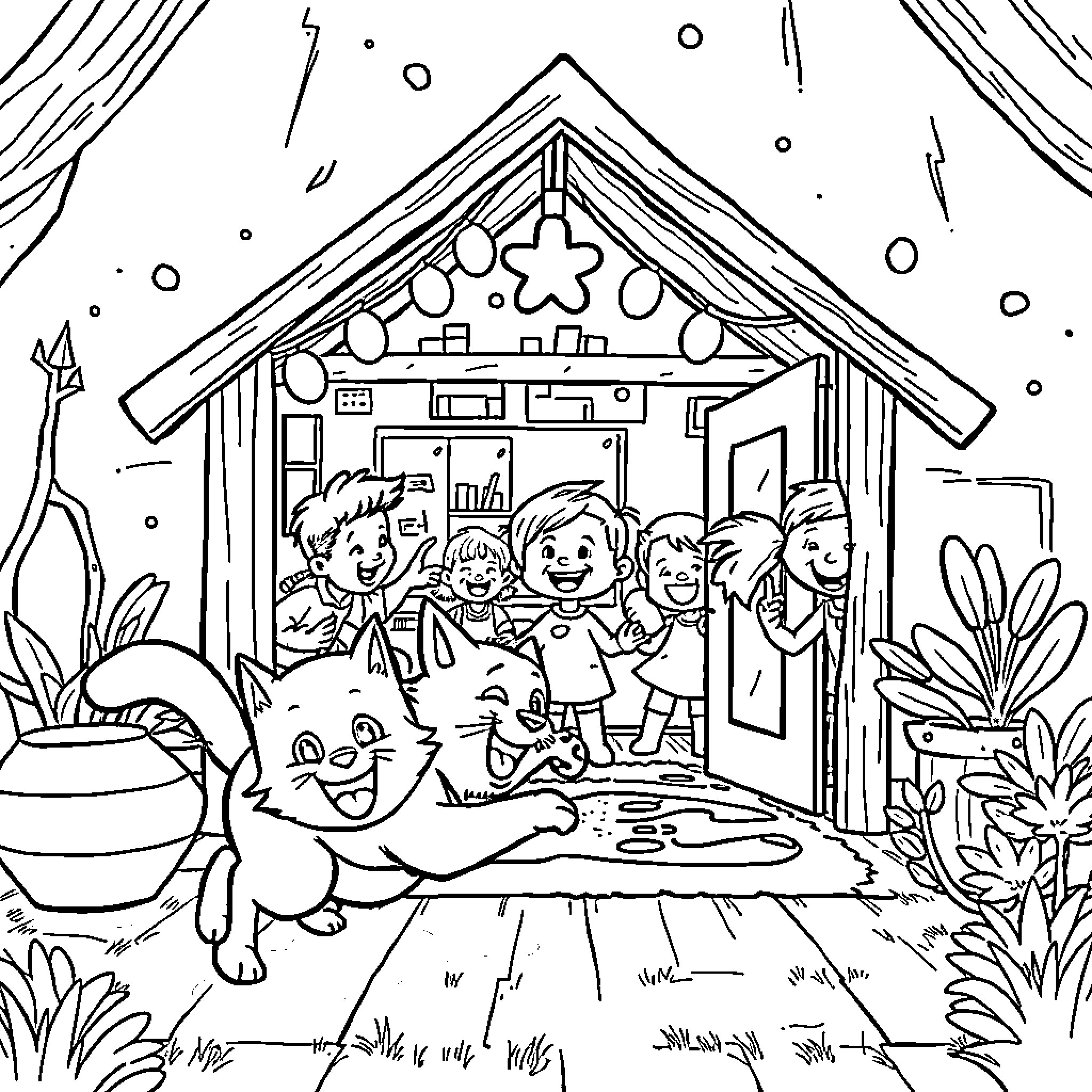 Cat and Children Playing in Cozy Cabin Coloring Page (free black-and-white line drawing printable PDF for all, from beginners to advanced learners, including children, teens, adults, and seniors)