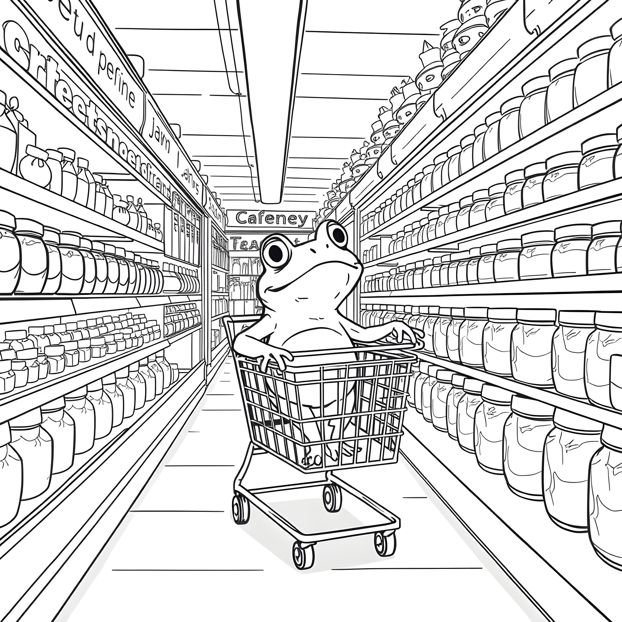 Frog shopping in a grocery store Coloring Page (free black-and-white line drawing printable PDF for all, from beginners to advanced learners, including children, teens, adults, and seniors)