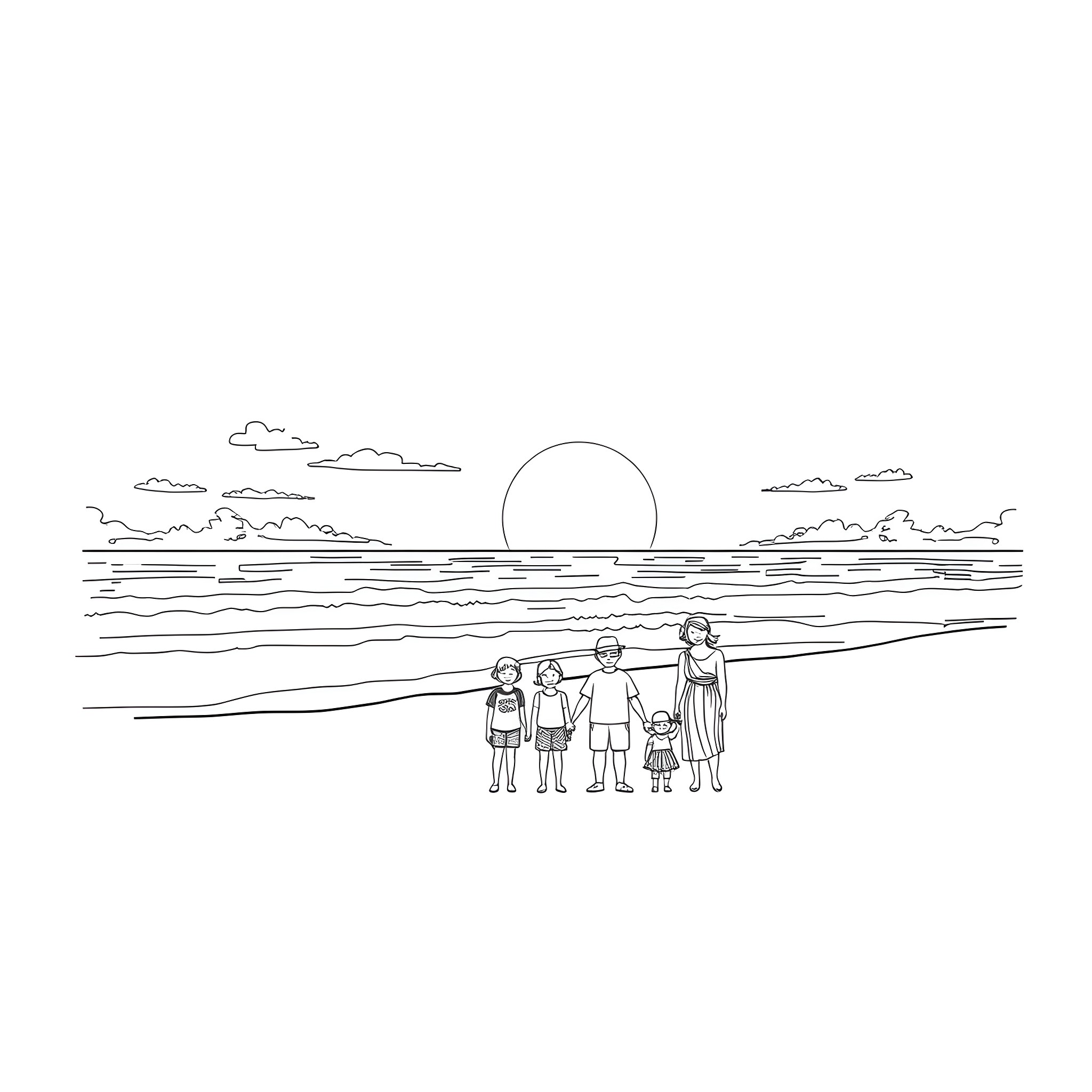 Sunset with family enjoying the beach Coloring Page (free black-and-white line drawing printable PDF for all, from beginners to advanced learners, including children, teens, adults, and seniors)