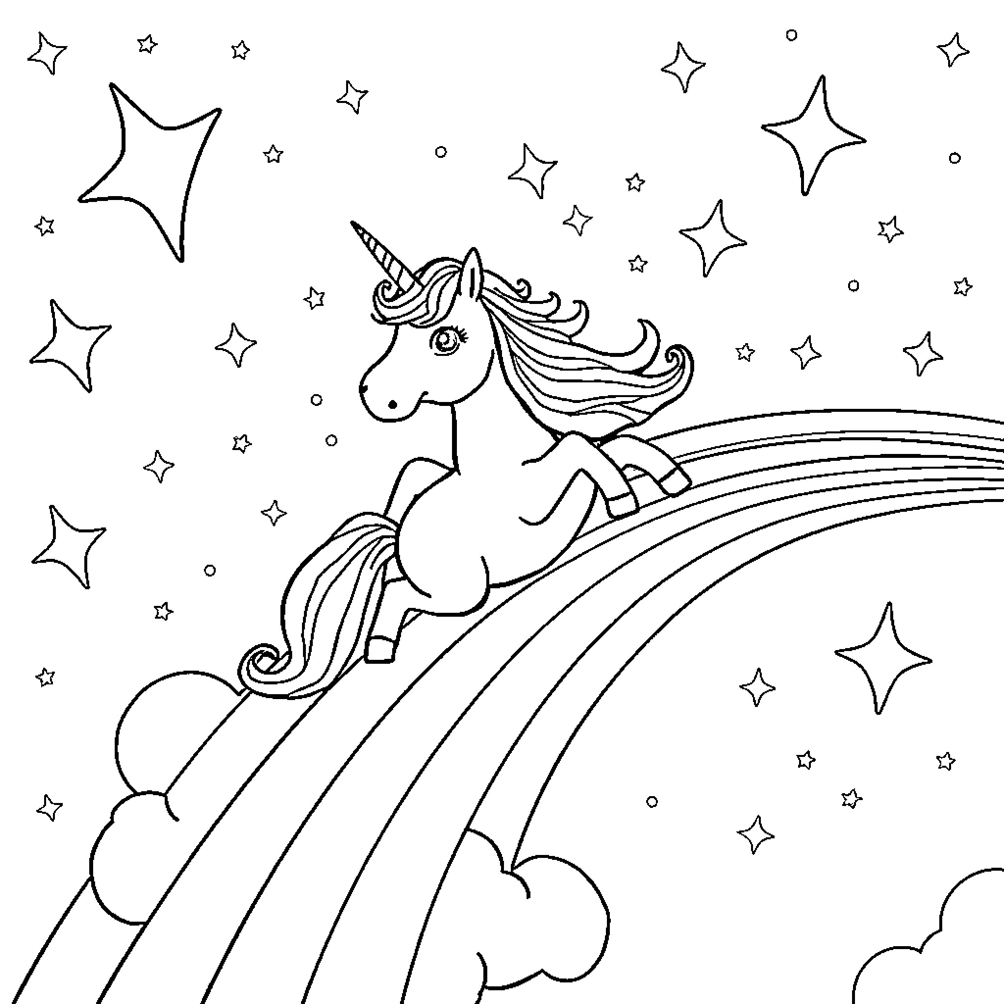 Unicorn galloping through a starry night sky Coloring Page (free black-and-white line drawing printable PDF for all, from beginners to advanced learners, including children, teens, adults, and seniors)