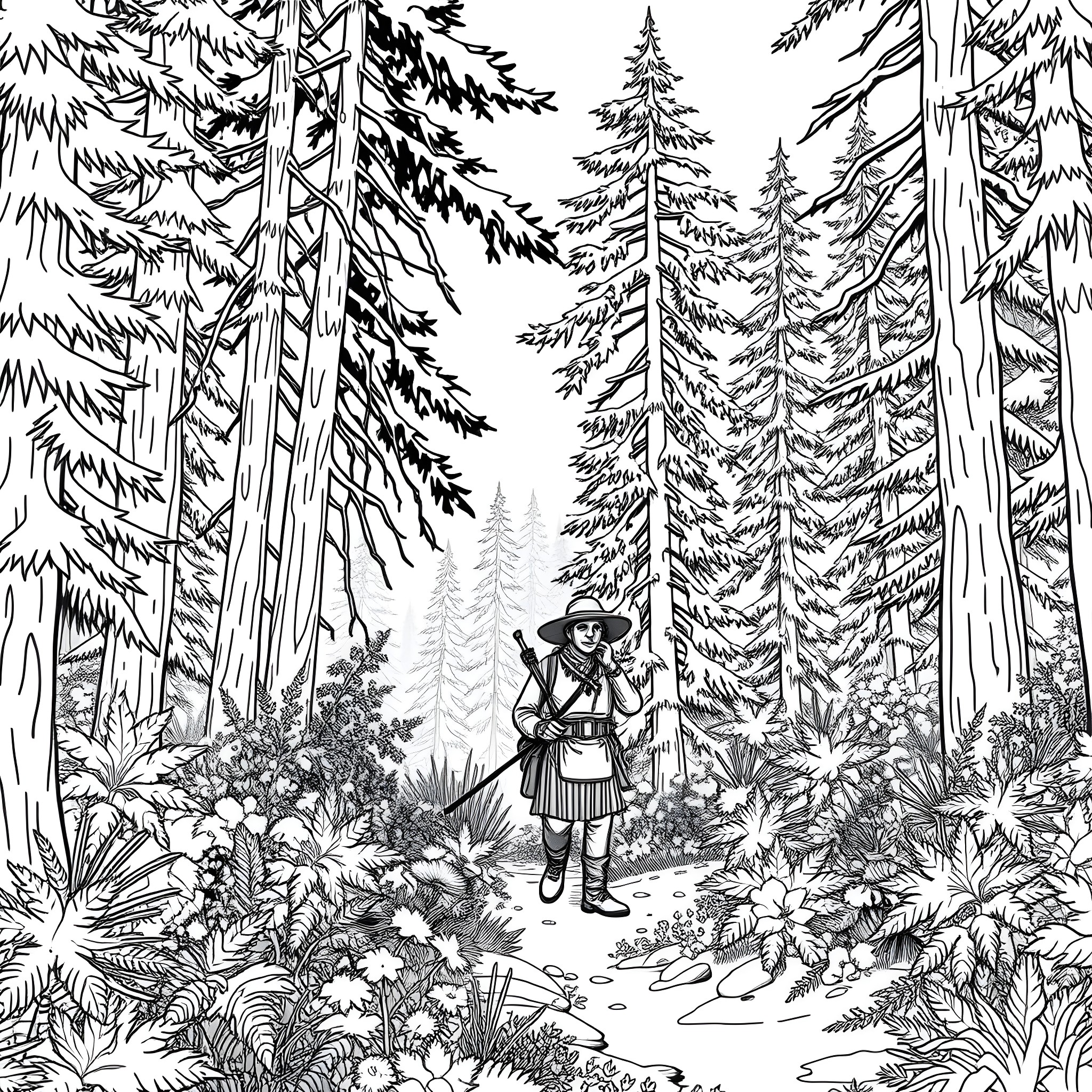 Cherokee Hunter Exploring the Lush Forest Wilderness Coloring Page (free black-and-white line drawing printable PDF for all, from beginners to advanced learners, including children, teens, adults, and seniors)