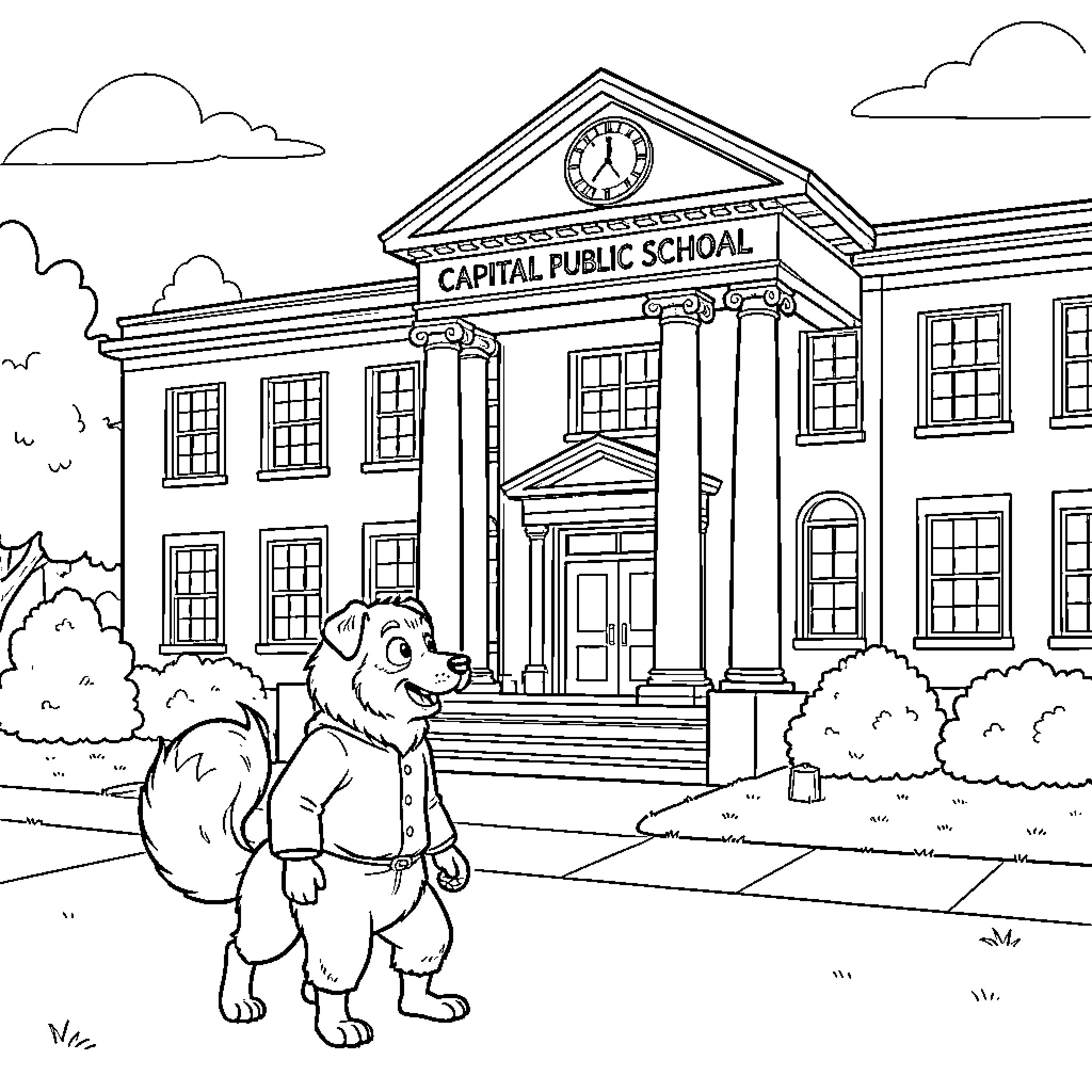 Pushan standing happily in front of a public school Coloring Page (free black-and-white line drawing printable PDF for all, from beginners to advanced learners, including children, teens, adults, and seniors)