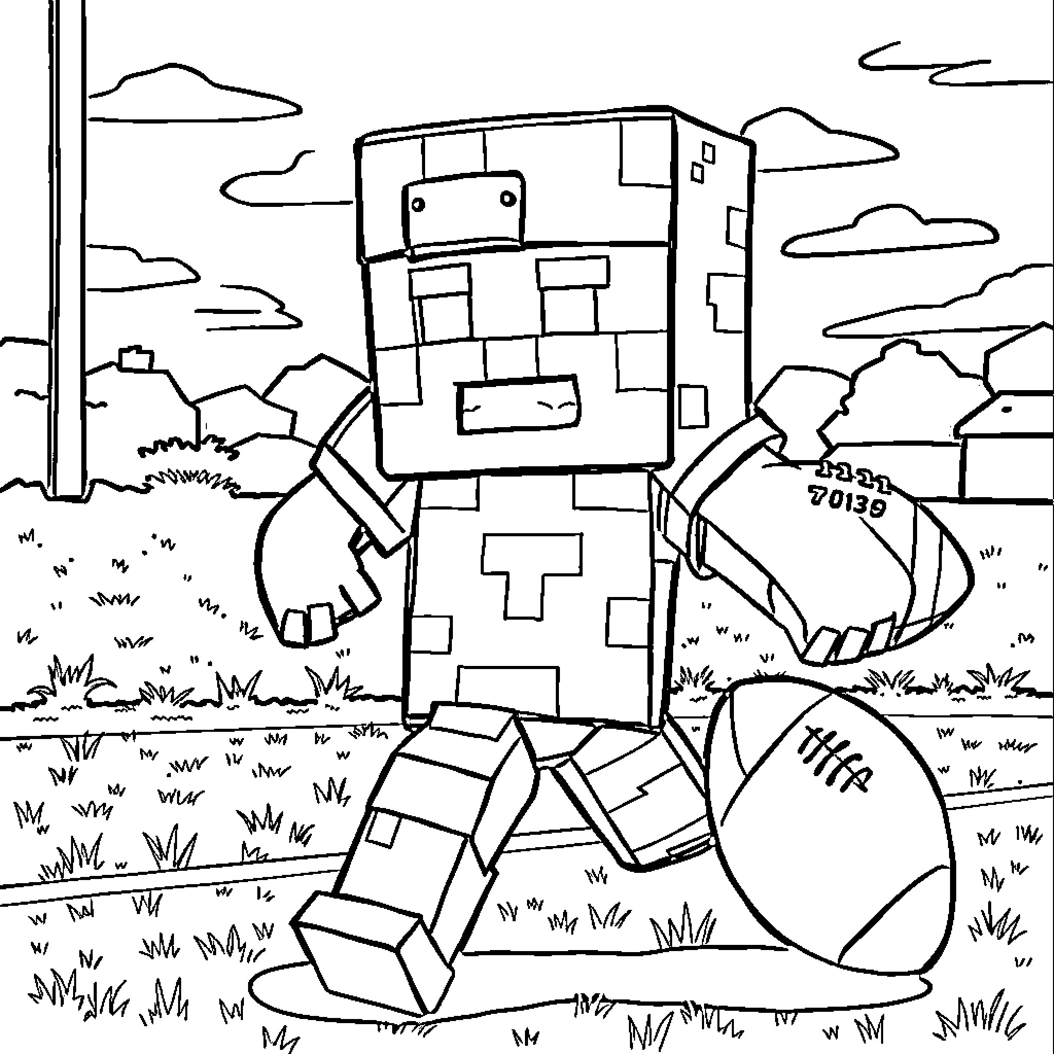 Creeper exploring the blocky outdoor scene Coloring Page (free black-and-white line drawing printable PDF for all, from beginners to advanced learners, including children, teens, adults, and seniors)