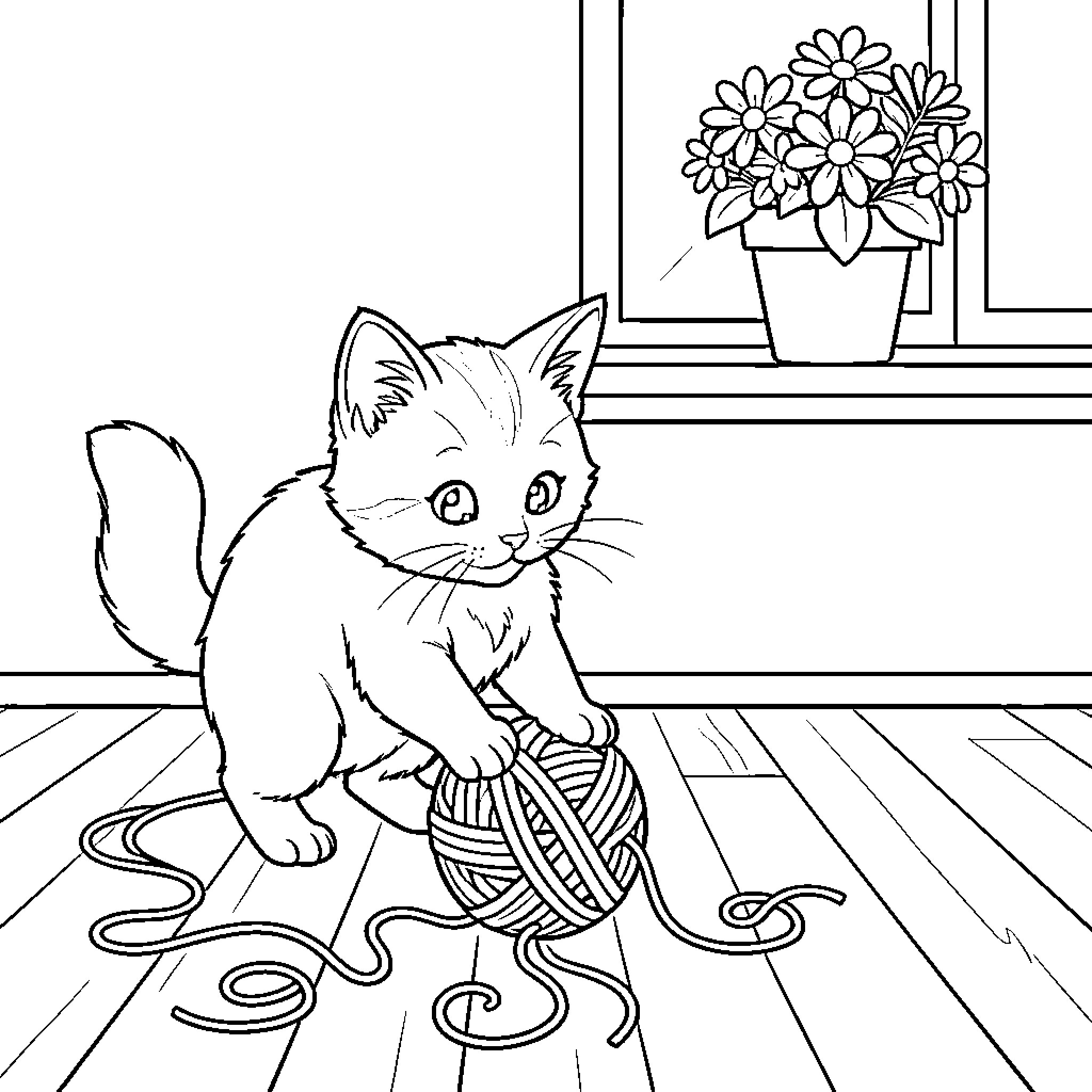 Kitten playing with yarn by the window Coloring Page (free black-and-white line drawing printable PDF for all, from beginners to advanced learners, including children, teens, adults, and seniors)
