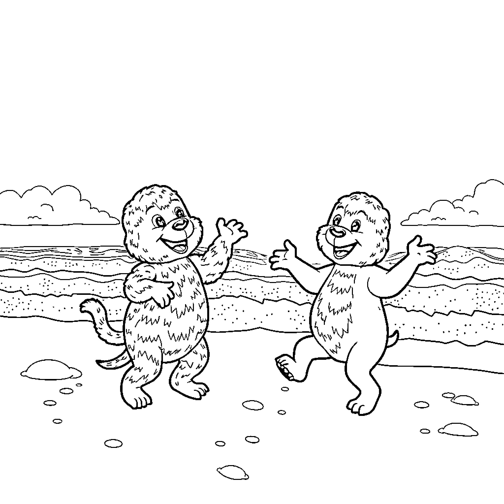 Pickle pickles enjoying a beach day Coloring Page (free black-and-white line drawing printable PDF for all, from beginners to advanced learners, including children, teens, adults, and seniors)