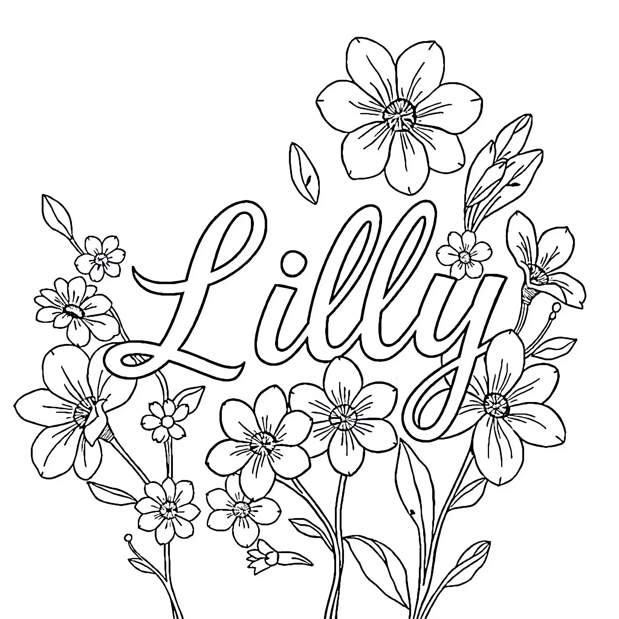 Lilly's floral arrangement with blossoming flowers Coloring Page (free black-and-white line drawing printable PDF for all, from beginners to advanced learners, including children, teens, adults, and seniors)