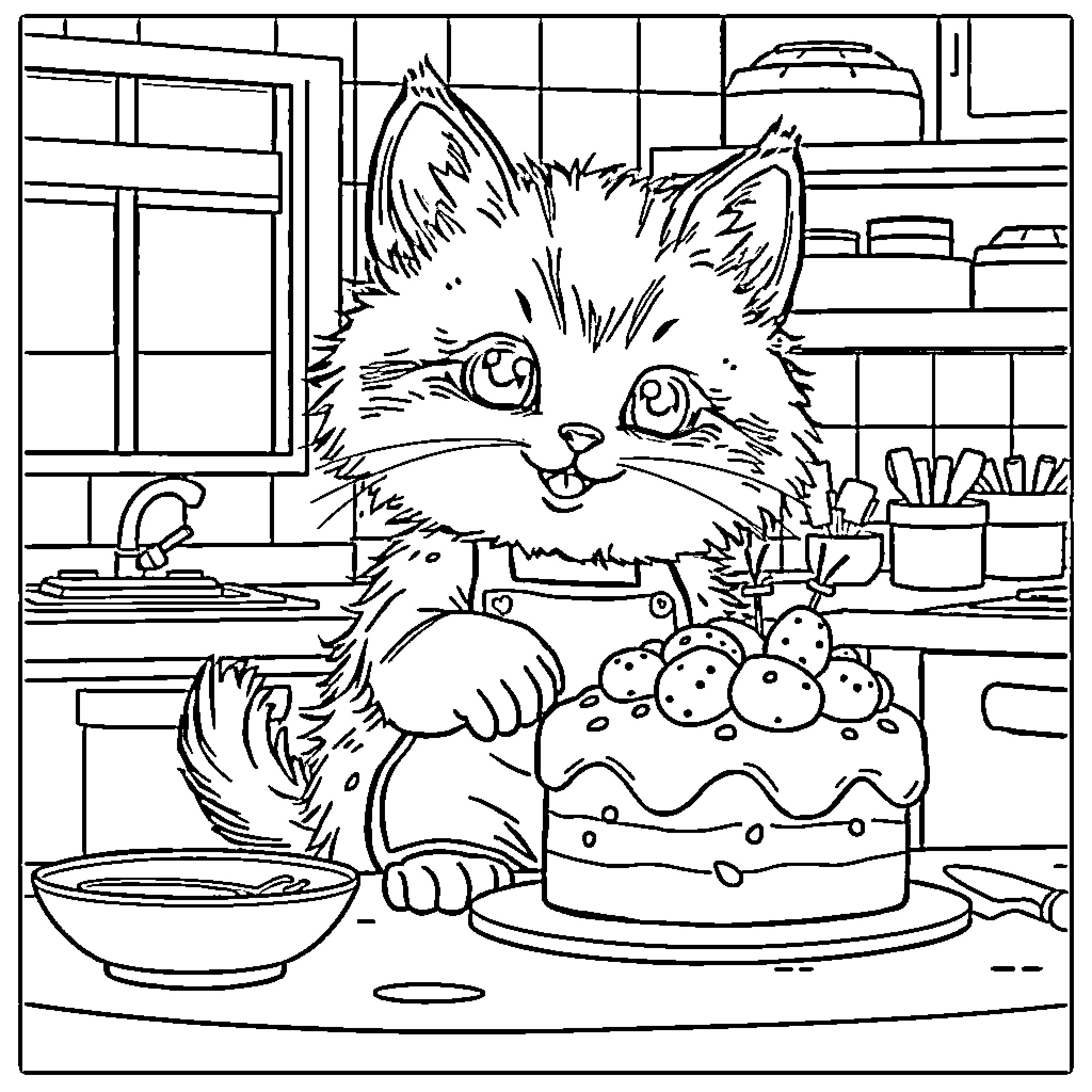 Kitten baking a cake in the kitchen Coloring Page (free black-and-white line drawing printable PDF for all, from beginners to advanced learners, including children, teens, adults, and seniors)