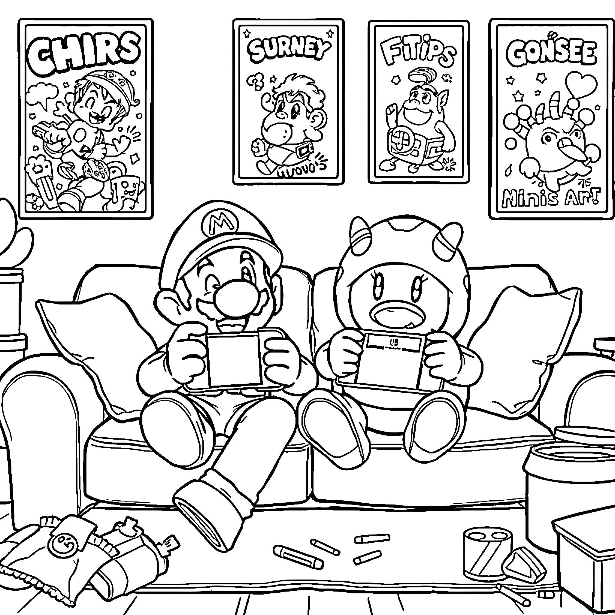 Ninji Gaming Pals Enjoying Video Games Together Coloring Page (free black-and-white line drawing printable PDF for all, from beginners to advanced learners, including children, teens, adults, and seniors)