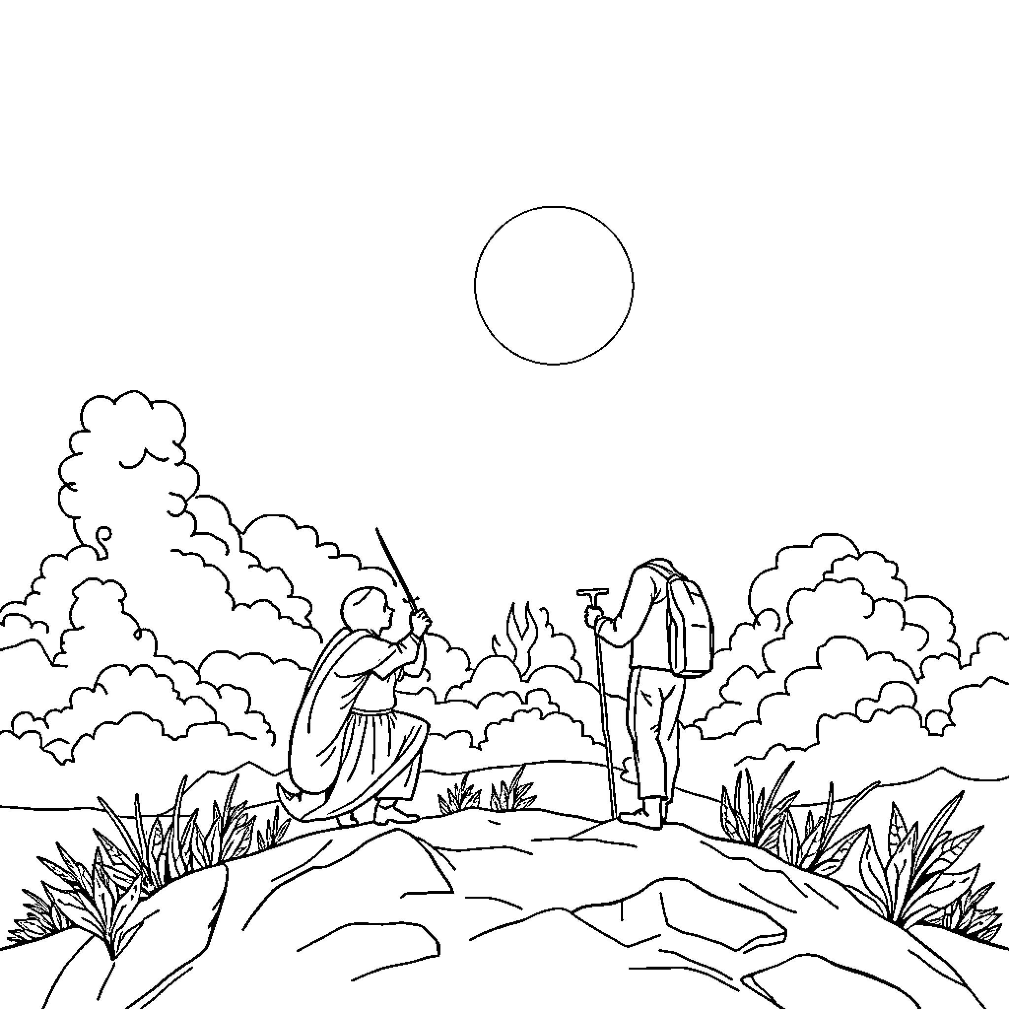 Pahlawan's Heroic Gesture in the Tranquil Landscape Coloring Page (free black-and-white line drawing printable PDF for all, from beginners to advanced learners, including children, teens, adults, and seniors)