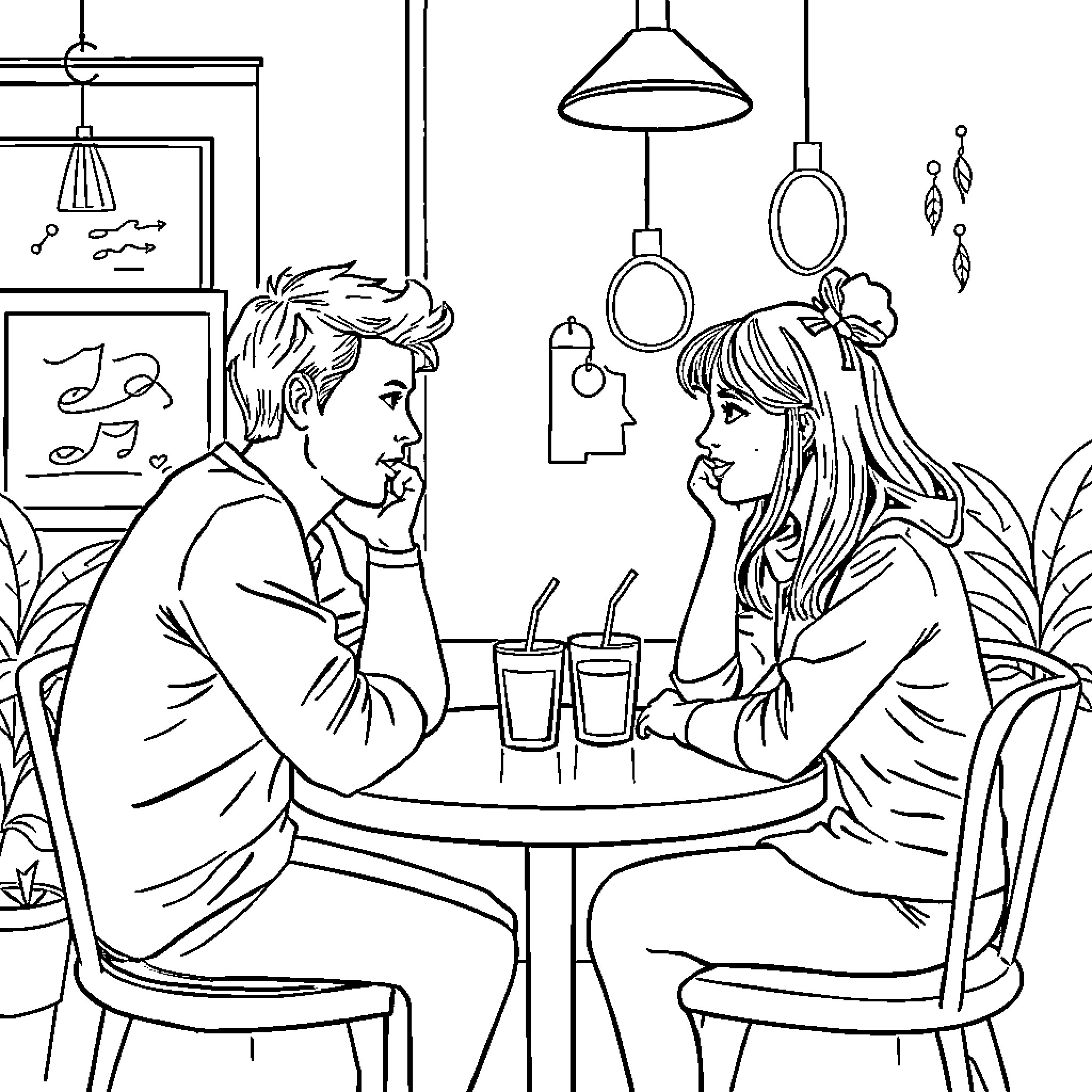 Cat Couple Enjoying Drinks in Cozy Cafe Coloring Page (free black-and-white line drawing printable PDF for all, from beginners to advanced learners, including children, teens, adults, and seniors)