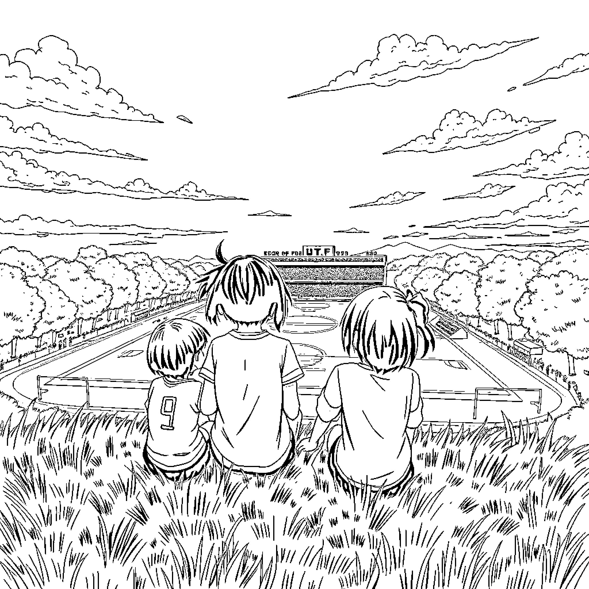 Ochaco Uraraka and friends admiring the scenic landscape Coloring Page (free black-and-white line drawing printable PDF for all, from beginners to advanced learners, including children, teens, adults, and seniors)