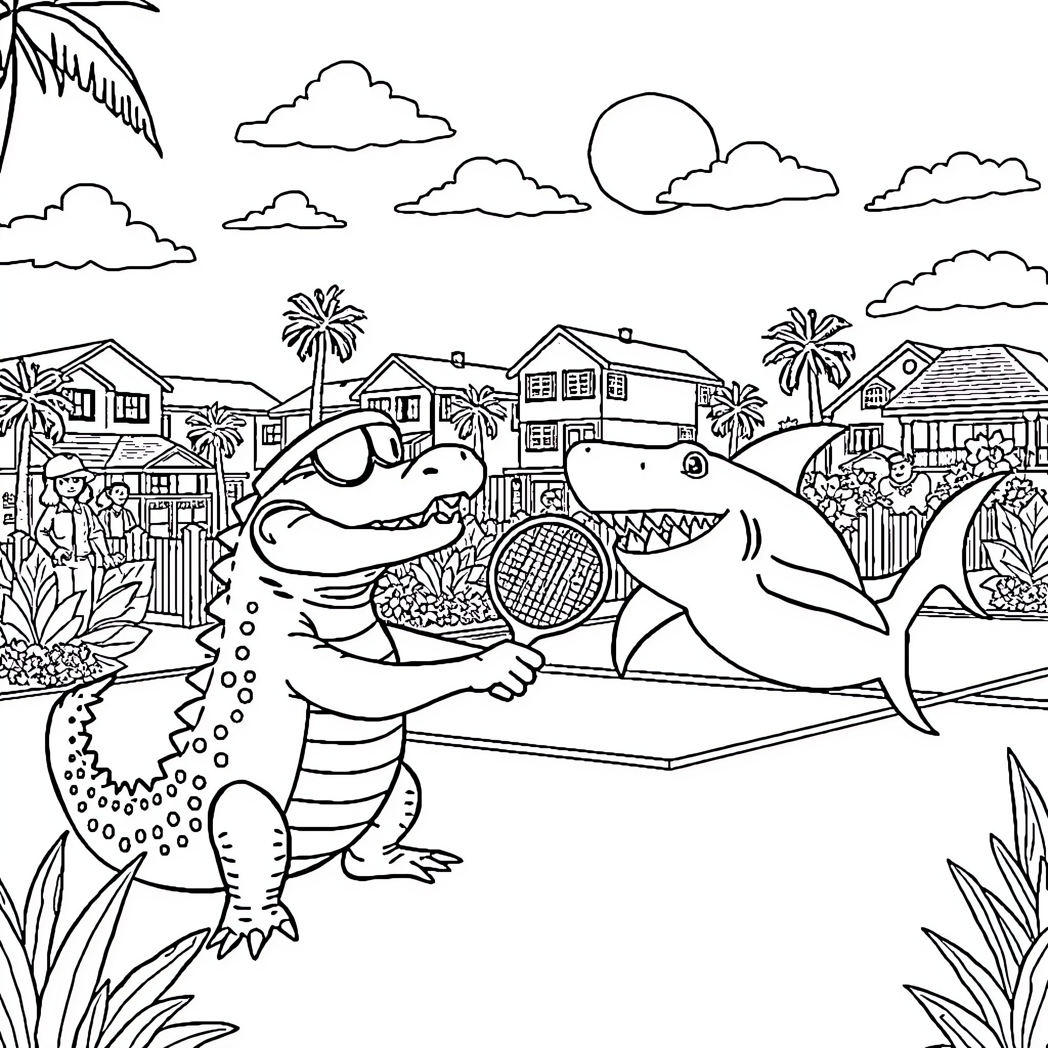 Alligator playing in tropical island landscape Coloring Page (free black-and-white line drawing printable PDF for all, from beginners to advanced learners, including children, teens, adults, and seniors)