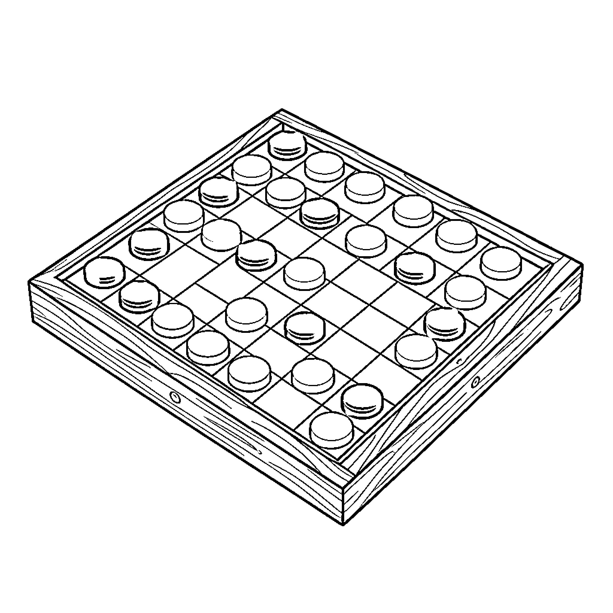 Checkers game pieces arranged on a wooden board Coloring Page (free black-and-white line drawing printable PDF for all, from beginners to advanced learners, including children, teens, adults, and seniors)