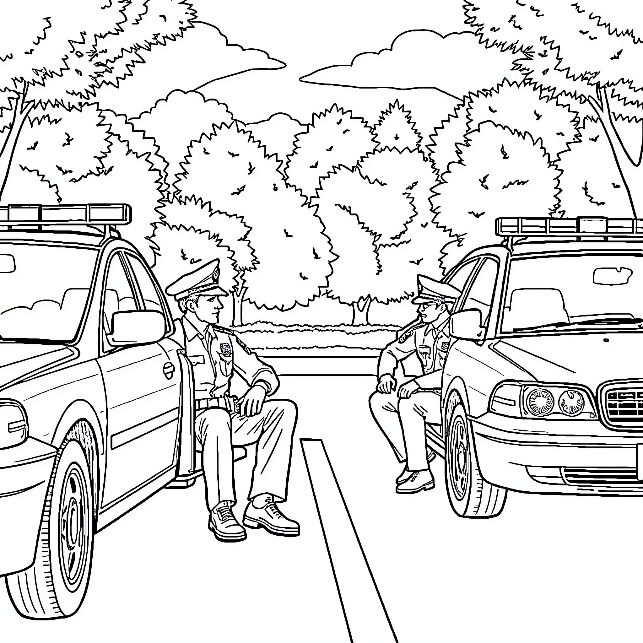 Police Officers Discussing Incident on Road Coloring Page (free black-and-white line drawing printable PDF for all, from beginners to advanced learners, including children, teens, adults, and seniors)
