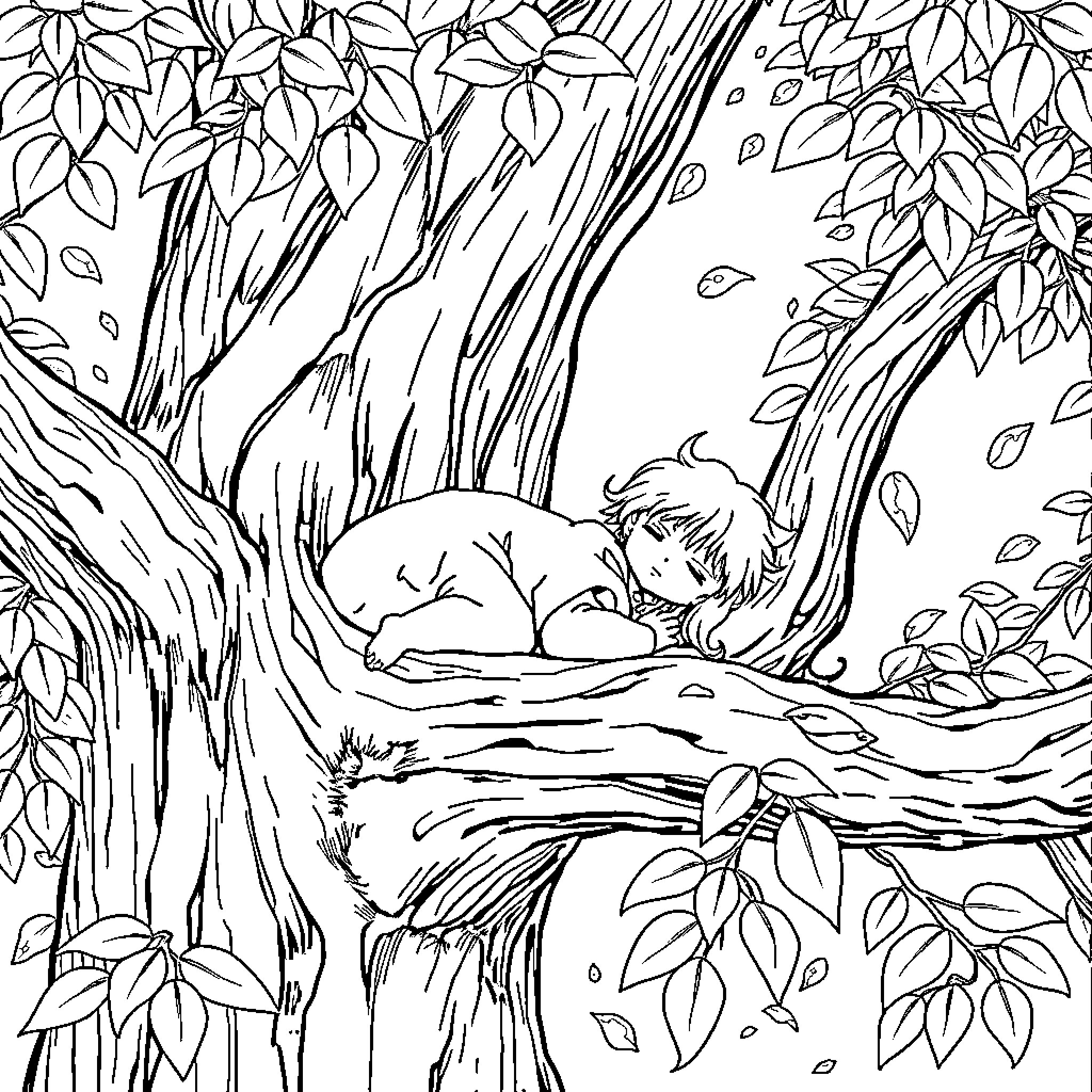 Inuyasha resting peacefully in the enchanted forest Coloring Page (free black-and-white line drawing printable PDF for all, from beginners to advanced learners, including children, teens, adults, and seniors)