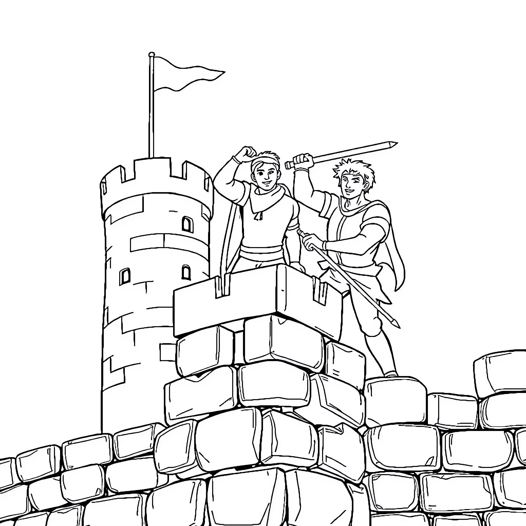 Man and companions defending medieval castle walls Coloring Page (free black-and-white line drawing printable PDF for all, from beginners to advanced learners, including children, teens, adults, and seniors)