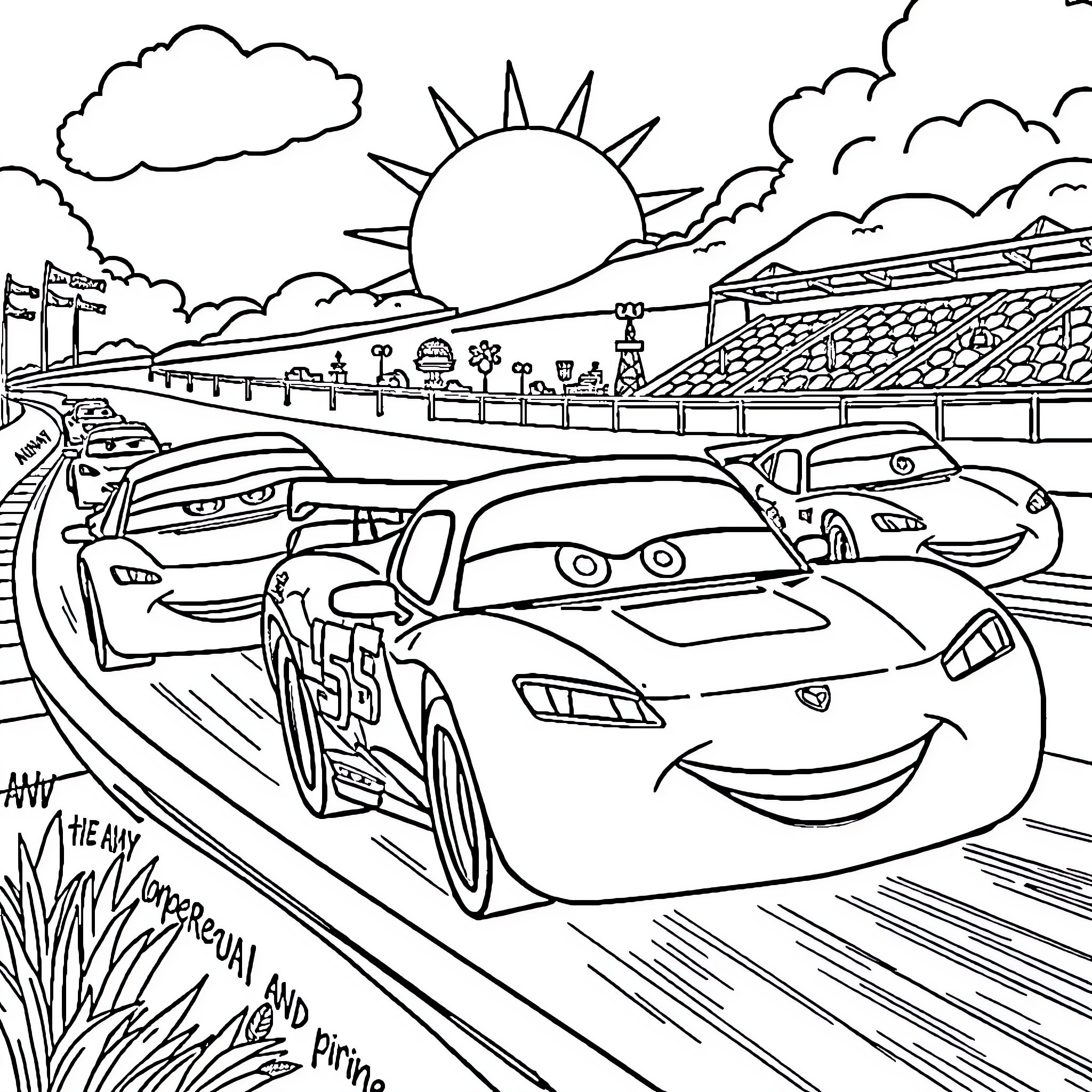 Car race on the scenic road under the sun Coloring Page (free black-and-white line drawing printable PDF for all, from beginners to advanced learners, including children, teens, adults, and seniors)