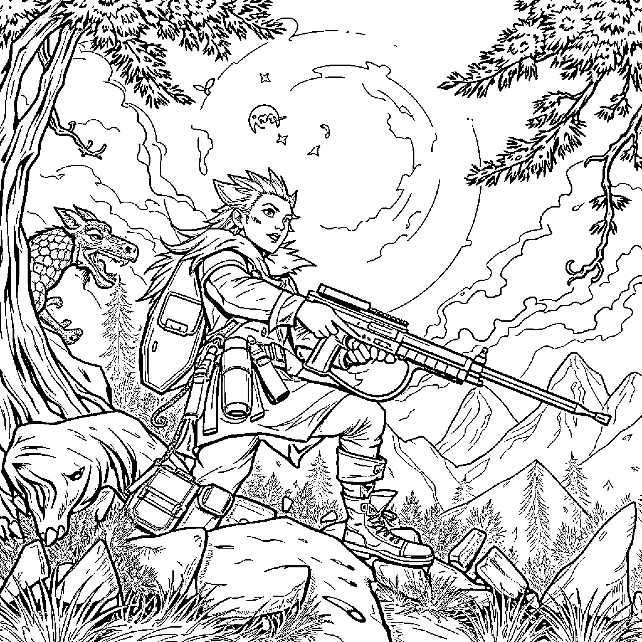 Huntrix's Perilous Adventure in the Enchanted Wilderness Coloring Page (free black-and-white line drawing printable PDF for all, from beginners to advanced learners, including children, teens, adults, and seniors)