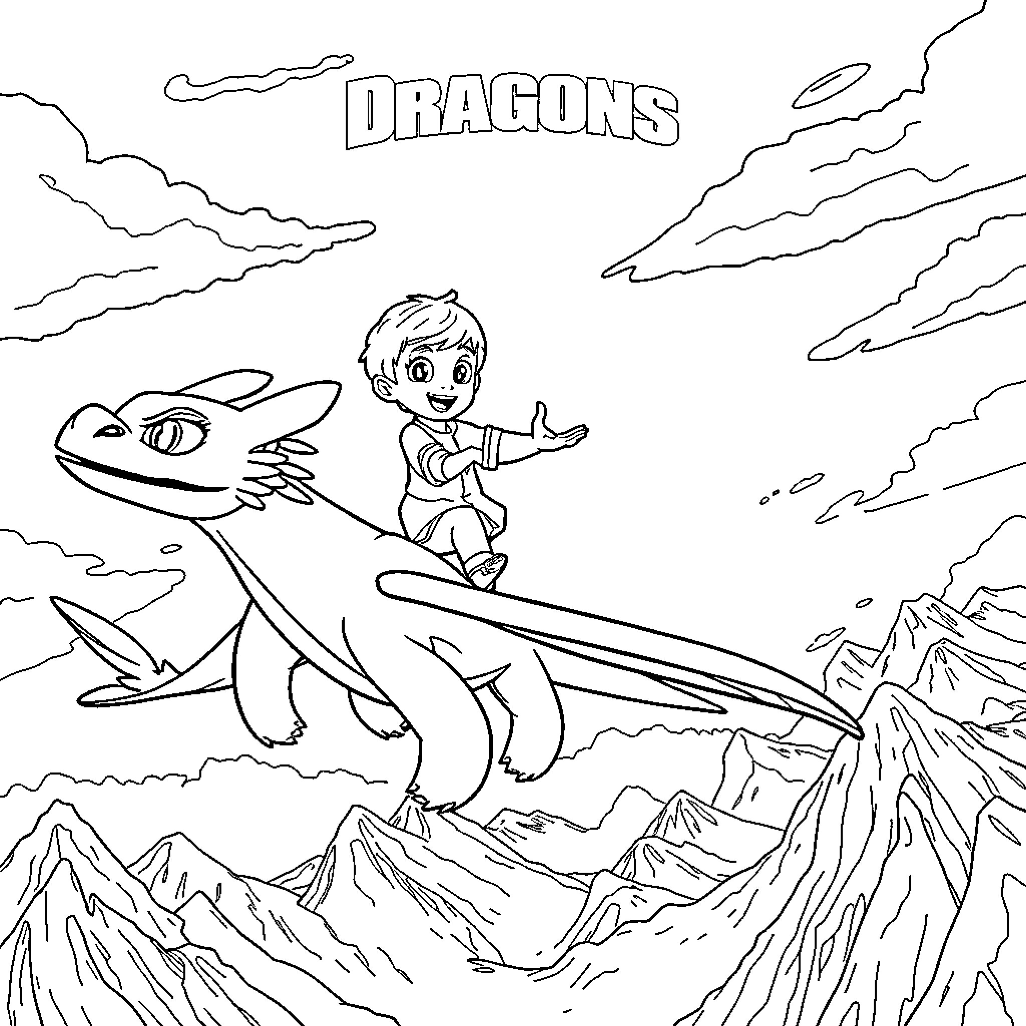 Harold's Fantastic Dragon Adventure Coloring Page (free black-and-white line drawing printable PDF for all, from beginners to advanced learners, including children, teens, adults, and seniors)