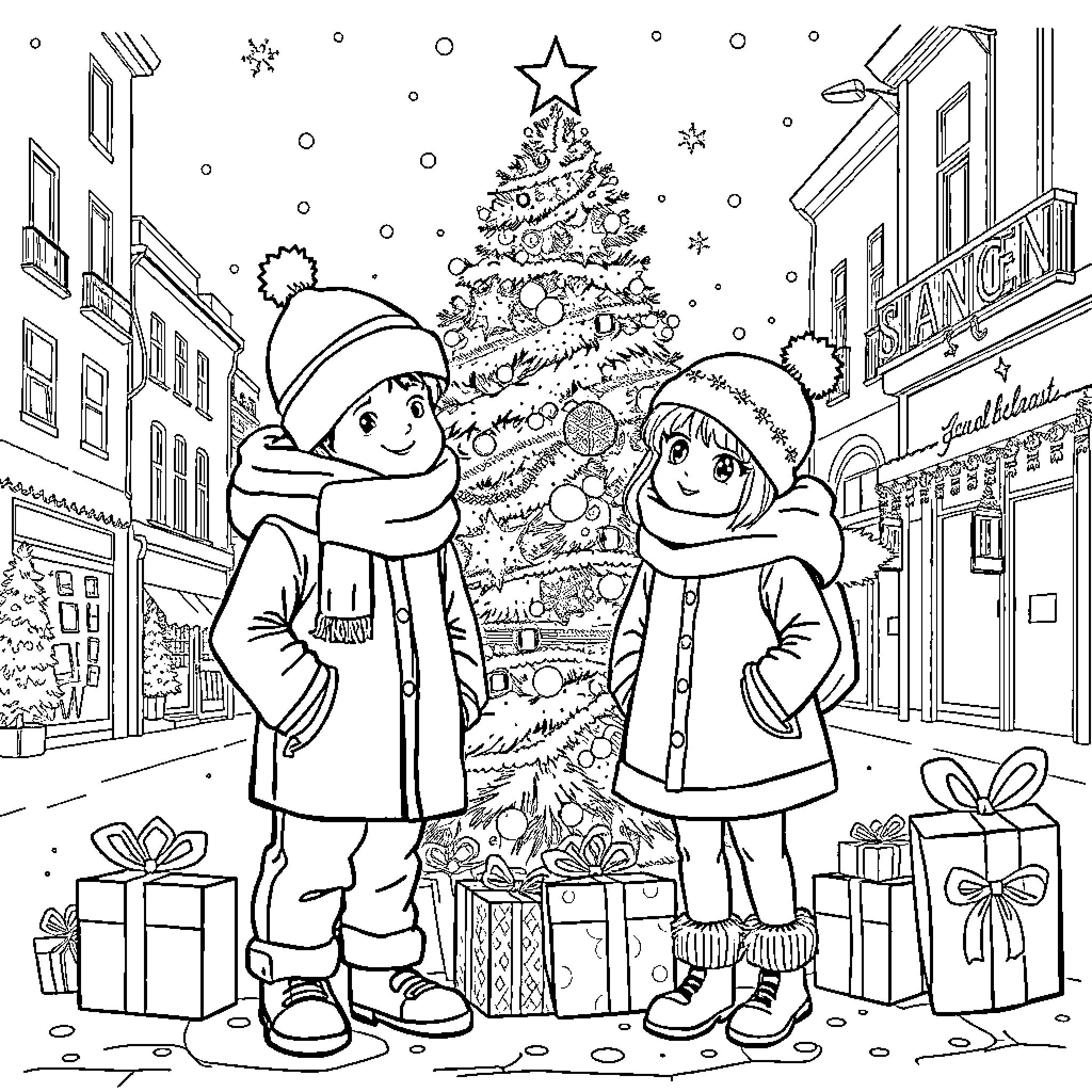 Enfant enjoying the festive Christmas scene Coloring Page (free black-and-white line drawing printable PDF for all, from beginners to advanced learners, including children, teens, adults, and seniors)