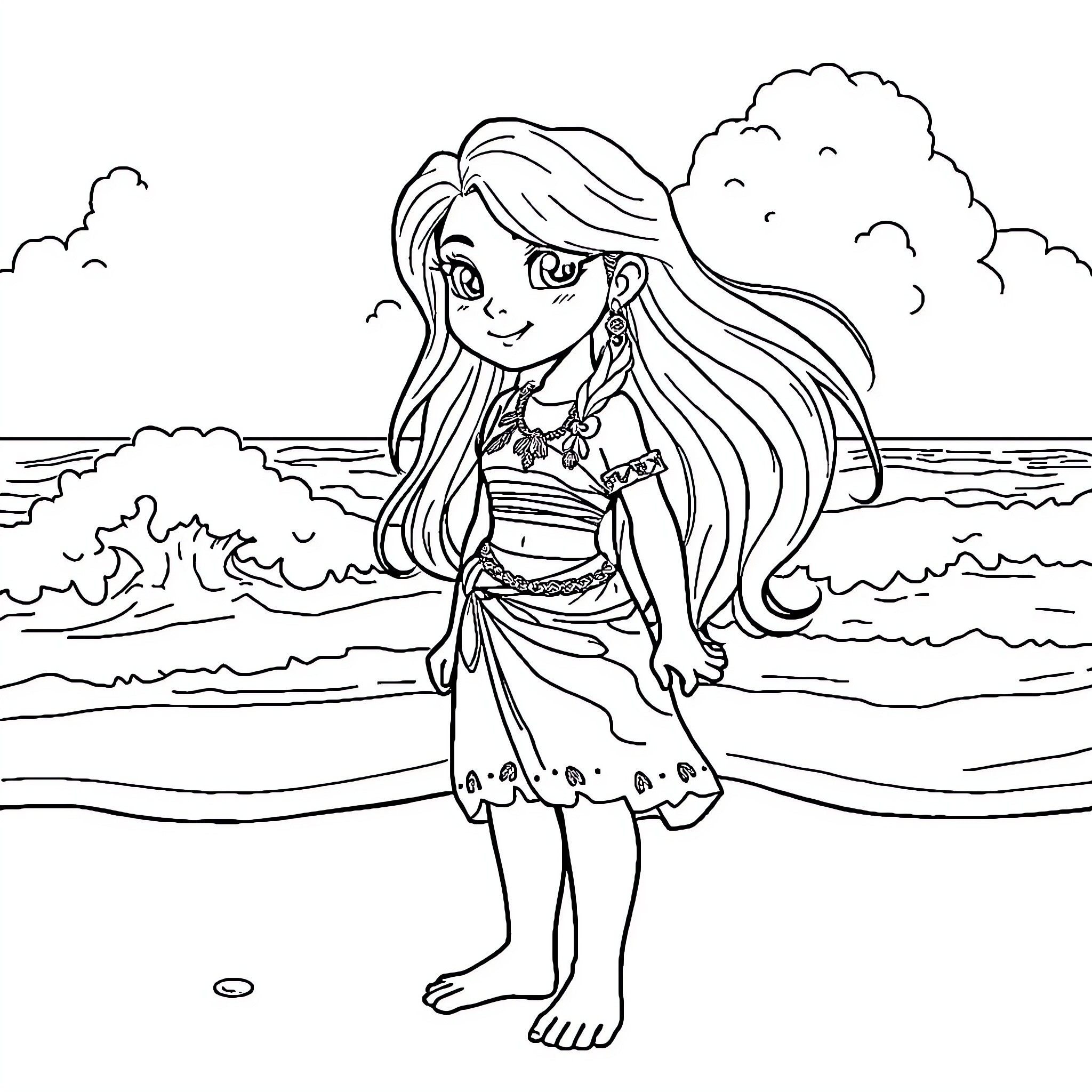 Vaiana exploring the tropical seascape Coloring Page (free black-and-white line drawing printable PDF for all, from beginners to advanced learners, including children, teens, adults, and seniors)