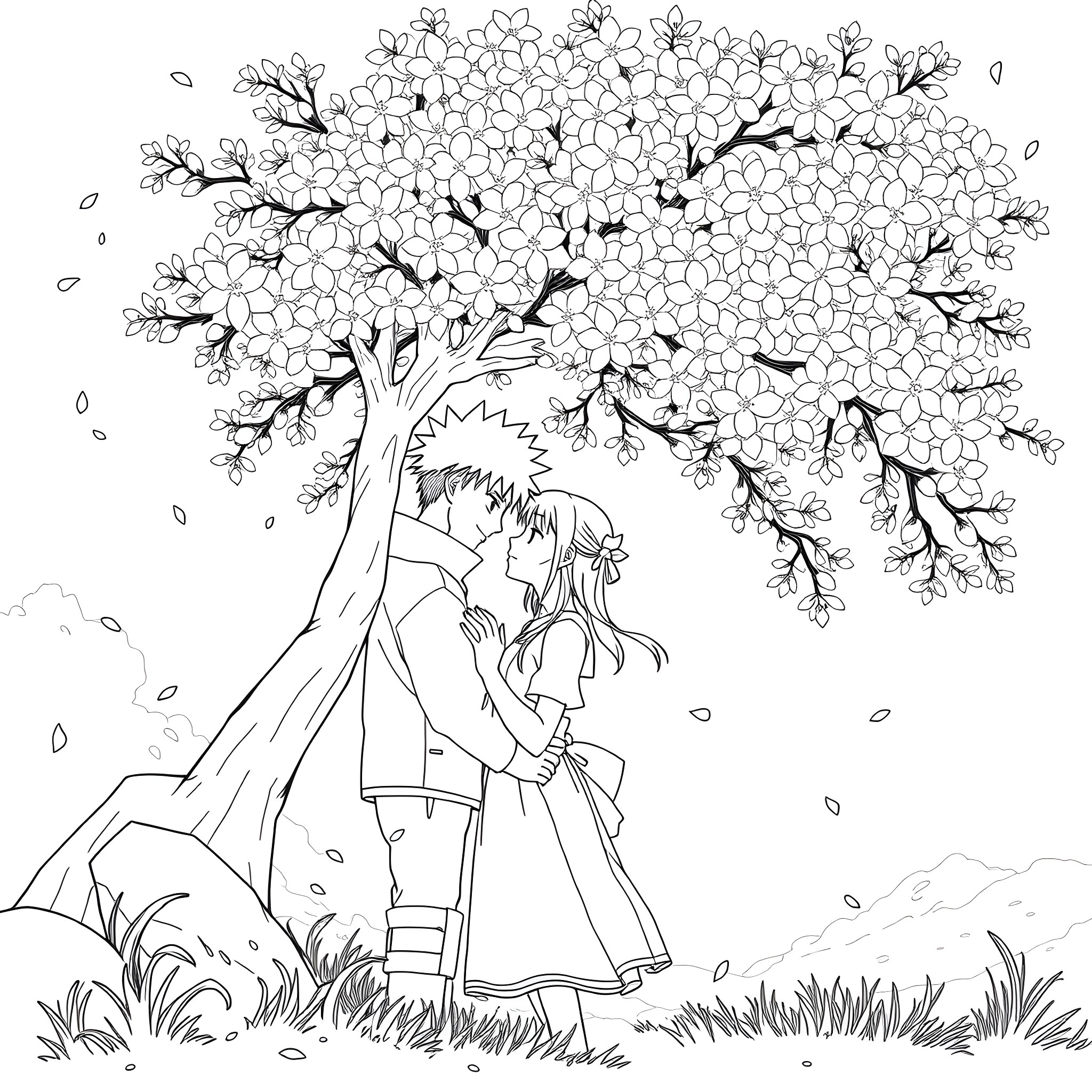 Naruto characters enjoying the blossoming cherry tree Coloring Page (free black-and-white line drawing printable PDF for all, from beginners to advanced learners, including children, teens, adults, and seniors)