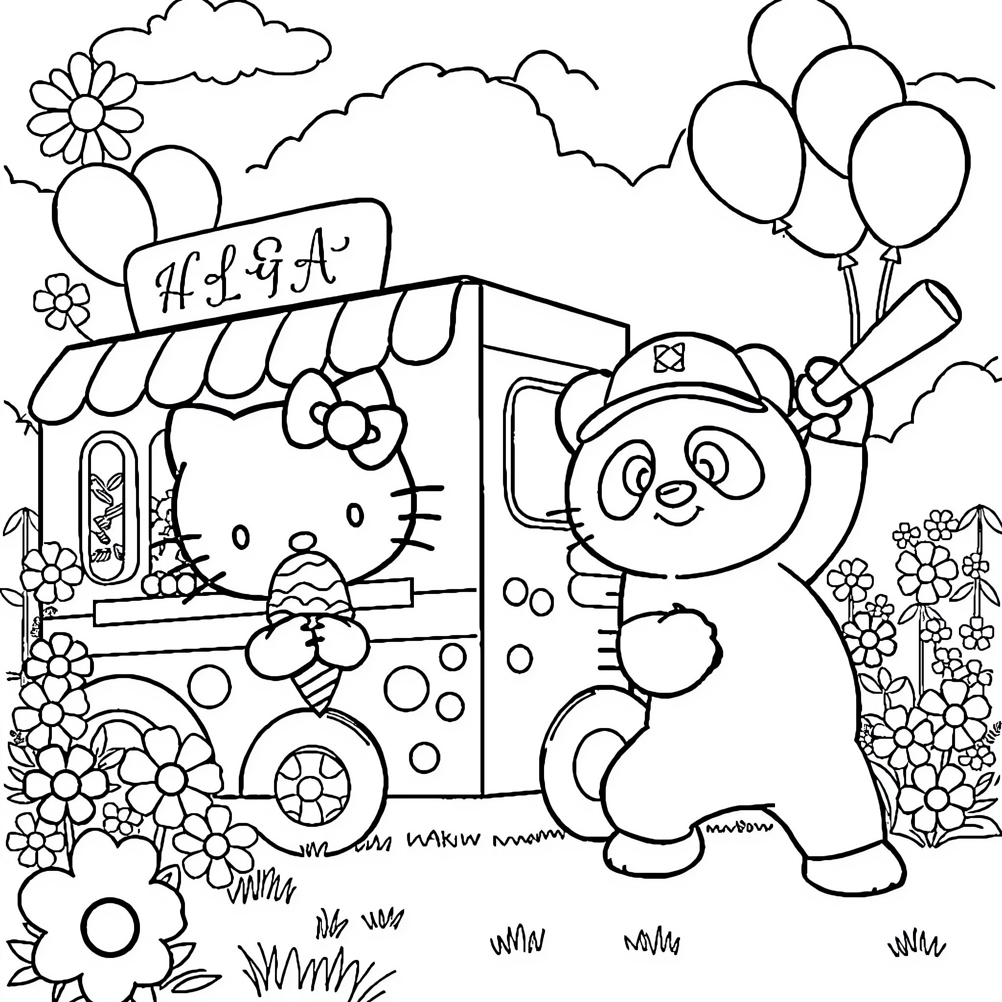Hello Kitty Celebrates at Carnival with Balloons Coloring Page (free black-and-white line drawing printable PDF for all, from beginners to advanced learners, including children, teens, adults, and seniors)