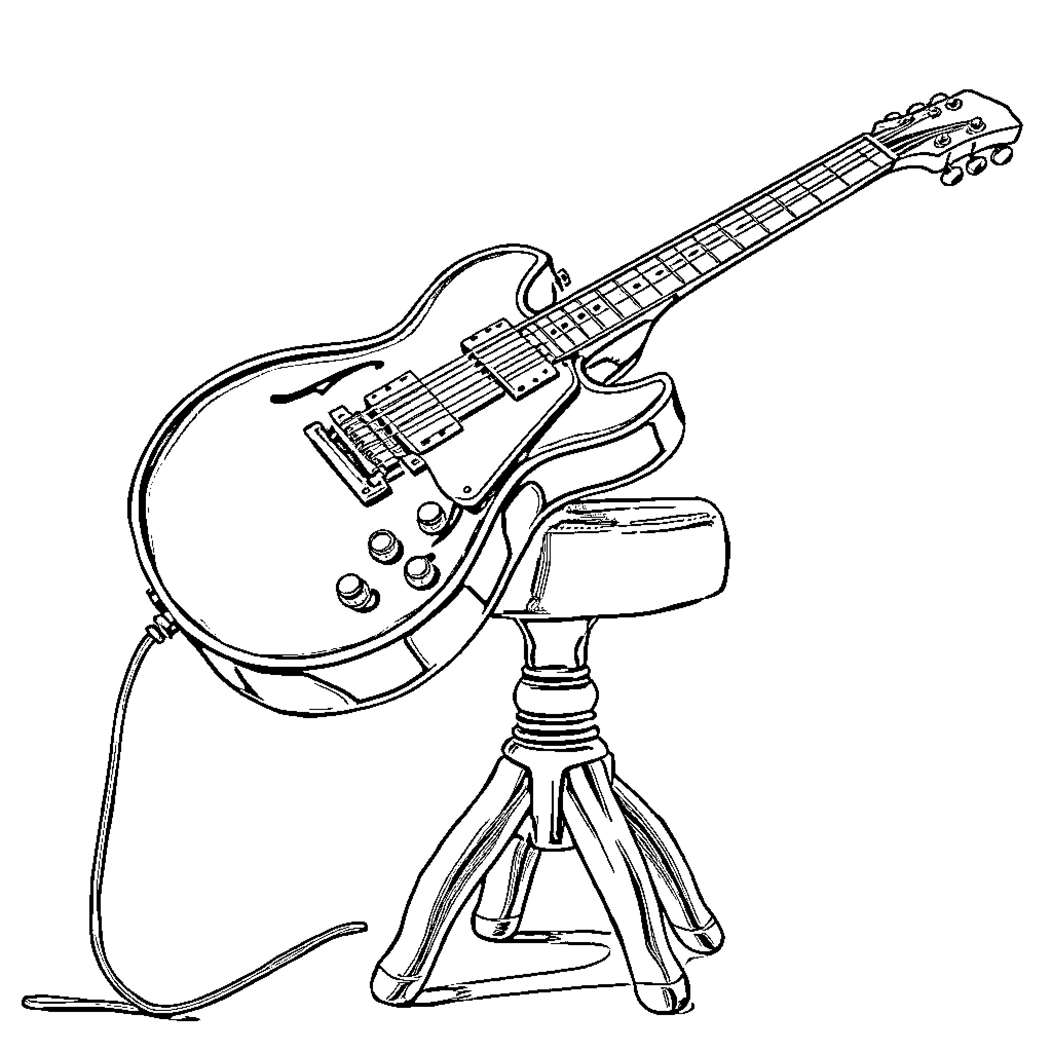 Guitar on a Tripod Stand Coloring Page (free black-and-white line drawing printable PDF for all, from beginners to advanced learners, including children, teens, adults, and seniors)