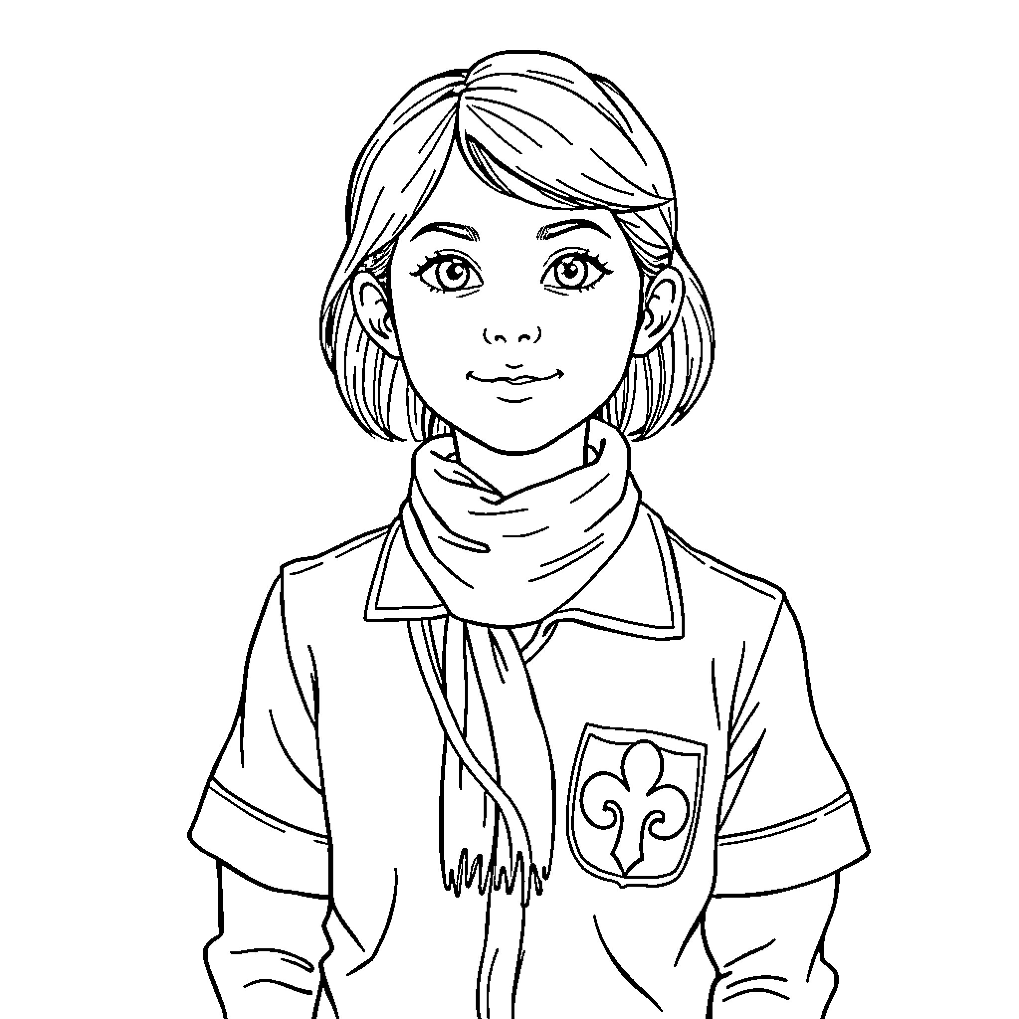 Girl Guide in Uniform with Friendly Expression Coloring Page (free black-and-white line drawing printable PDF for all, from beginners to advanced learners, including children, teens, adults, and seniors)