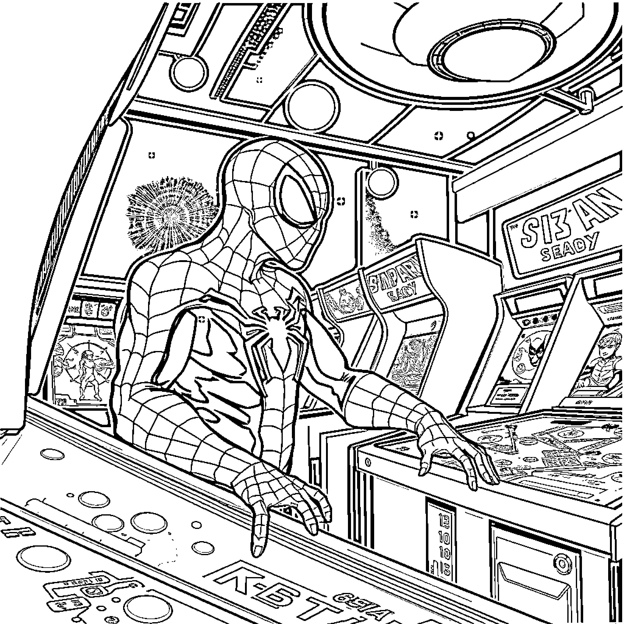 Spiderman Exploring Arcade Game in Cluttered Room Coloring Page (free black-and-white line drawing printable PDF for all, from beginners to advanced learners, including children, teens, adults, and seniors)