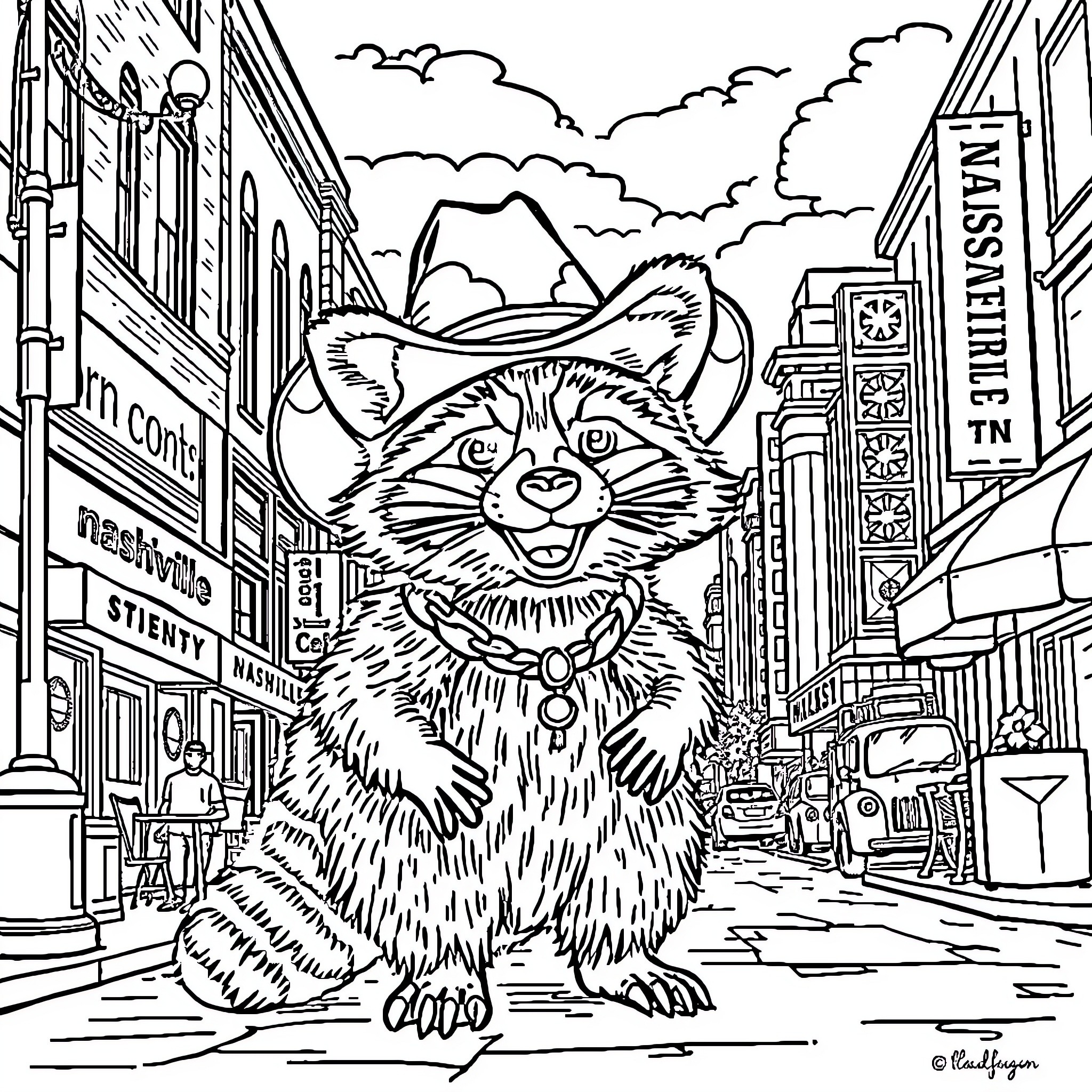Raccoon exploring the city streets Coloring Page (free black-and-white line drawing printable PDF for all, from beginners to advanced learners, including children, teens, adults, and seniors)