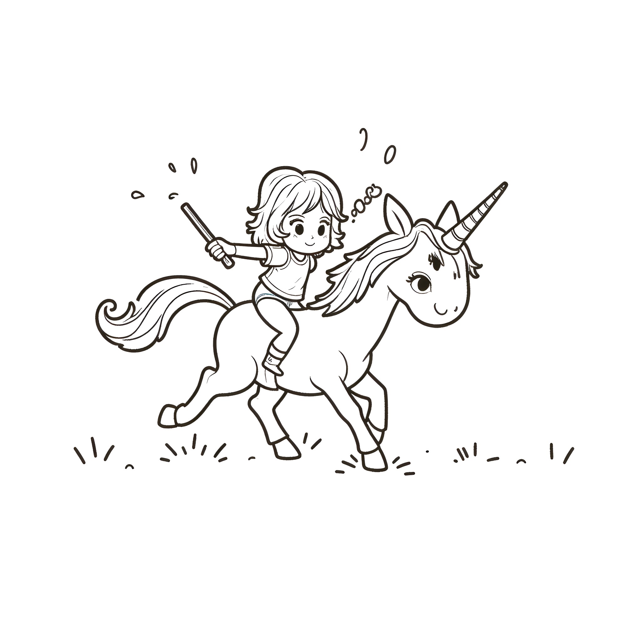 Girl riding a unicorn in a magical scene Coloring Page (free black-and-white line drawing printable PDF for all, from beginners to advanced learners, including children, teens, adults, and seniors)
