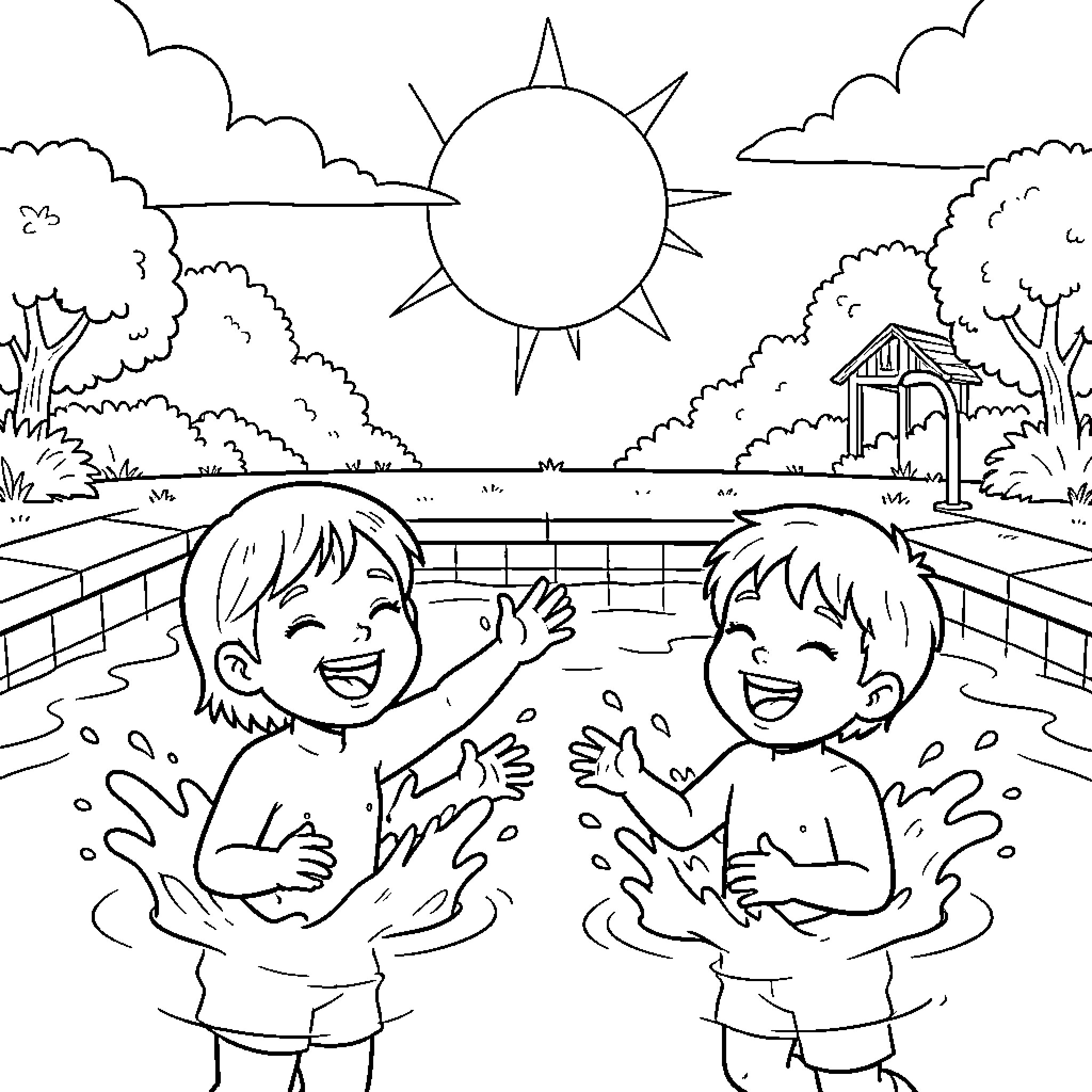 Kid splashing happily in a swimming pool Coloring Page (free black-and-white line drawing printable PDF for all, from beginners to advanced learners, including children, teens, adults, and seniors)