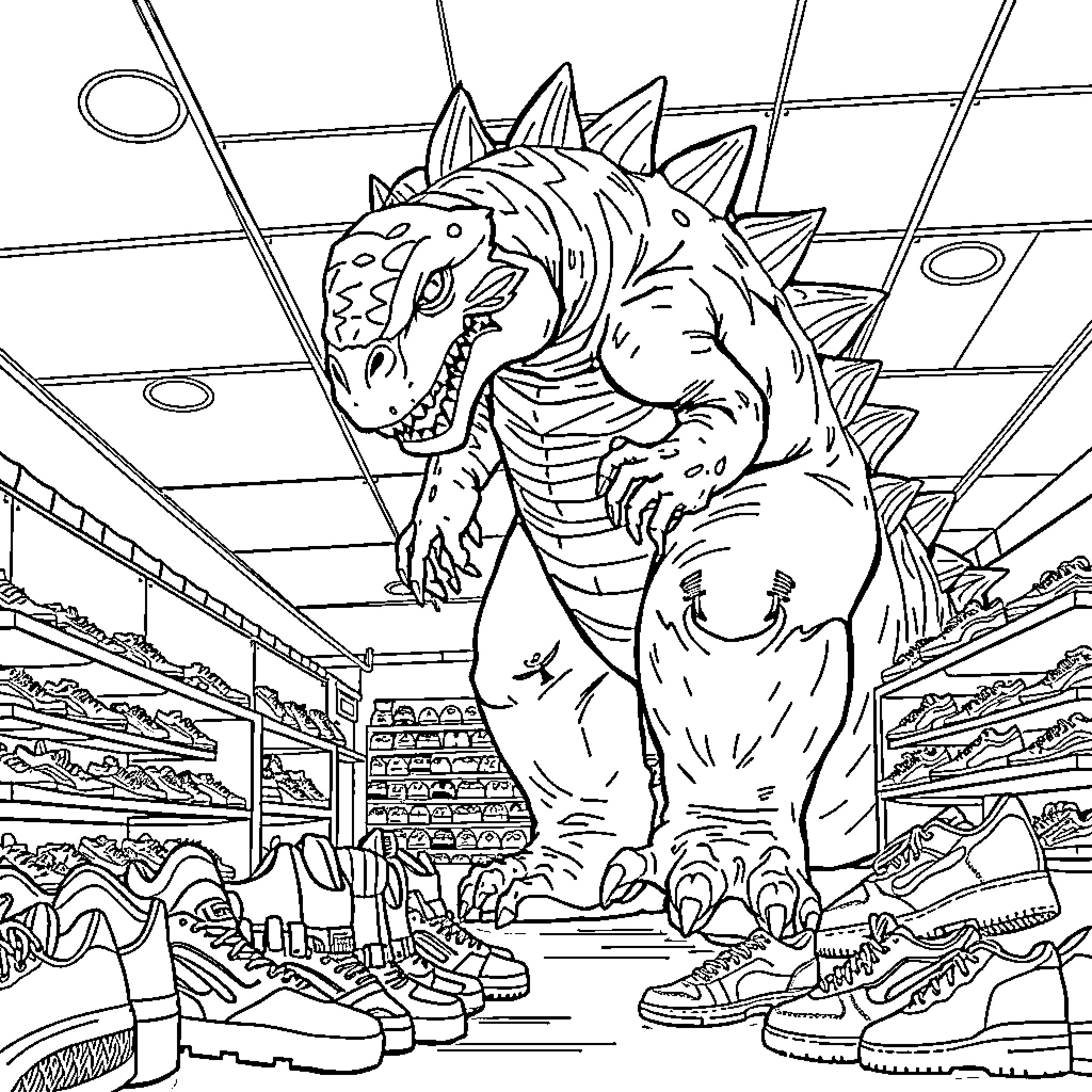 Godzilla Rampaging Through a Shoe Store Coloring Page (free black-and-white line drawing printable PDF for all, from beginners to advanced learners, including children, teens, adults, and seniors)