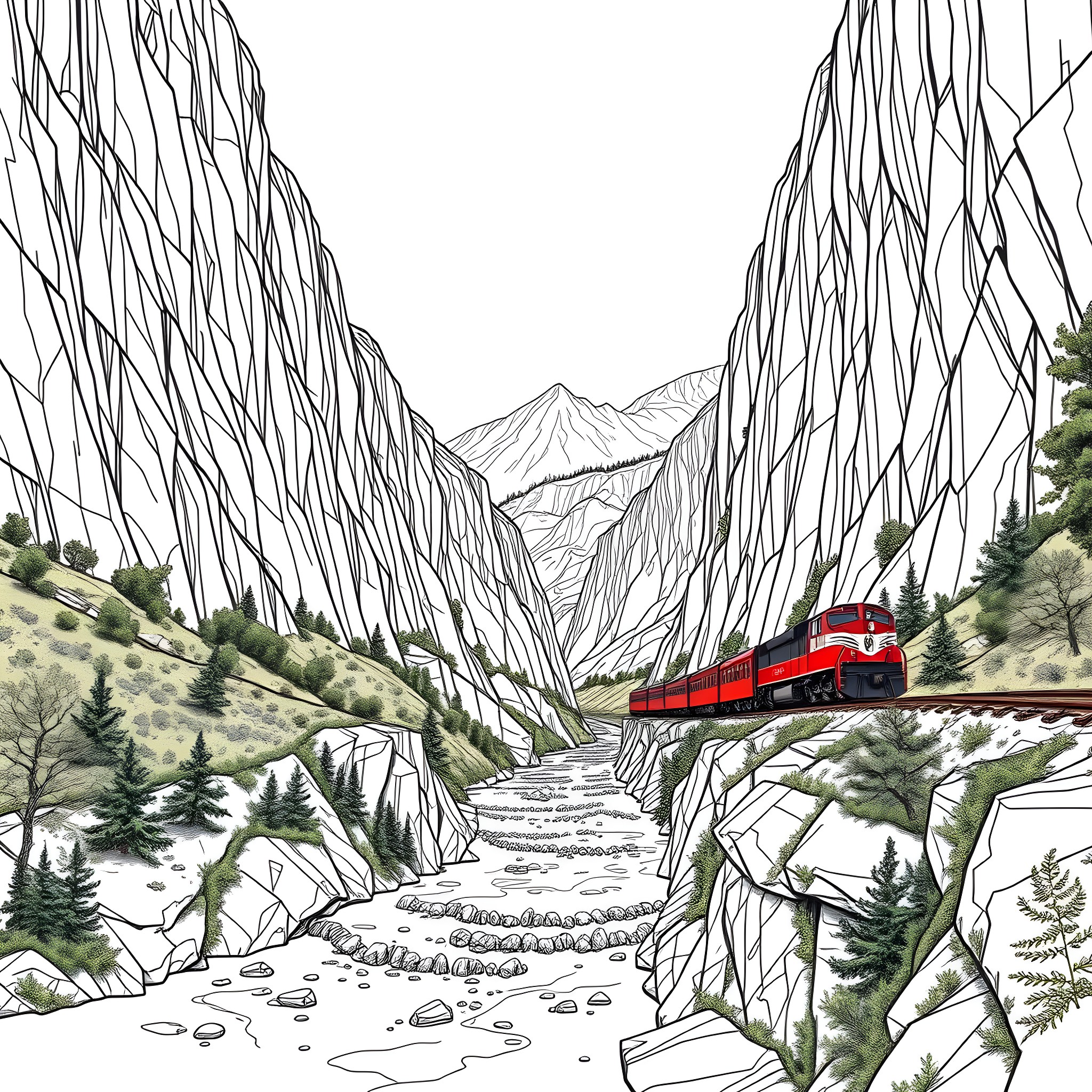 Railroad Journey Through Rugged Mountain Terrain Coloring Page (free black-and-white line drawing printable PDF for all, from beginners to advanced learners, including children, teens, adults, and seniors)