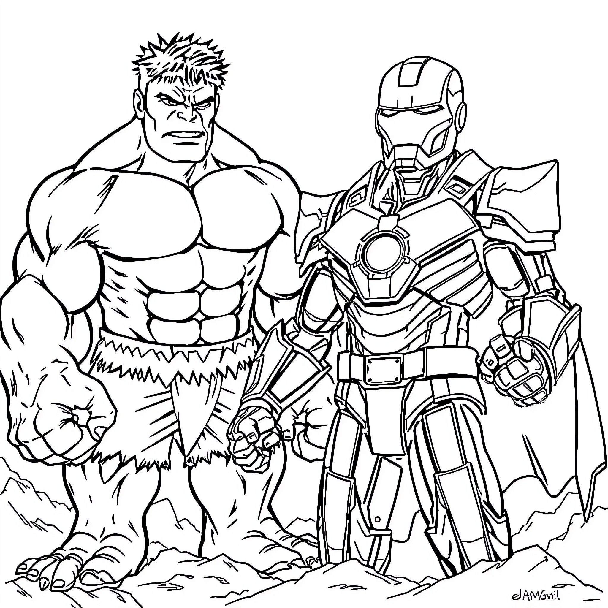 Hulk and Iron Man in epic battle Coloring Page (free black-and-white line drawing printable PDF for all, from beginners to advanced learners, including children, teens, adults, and seniors)