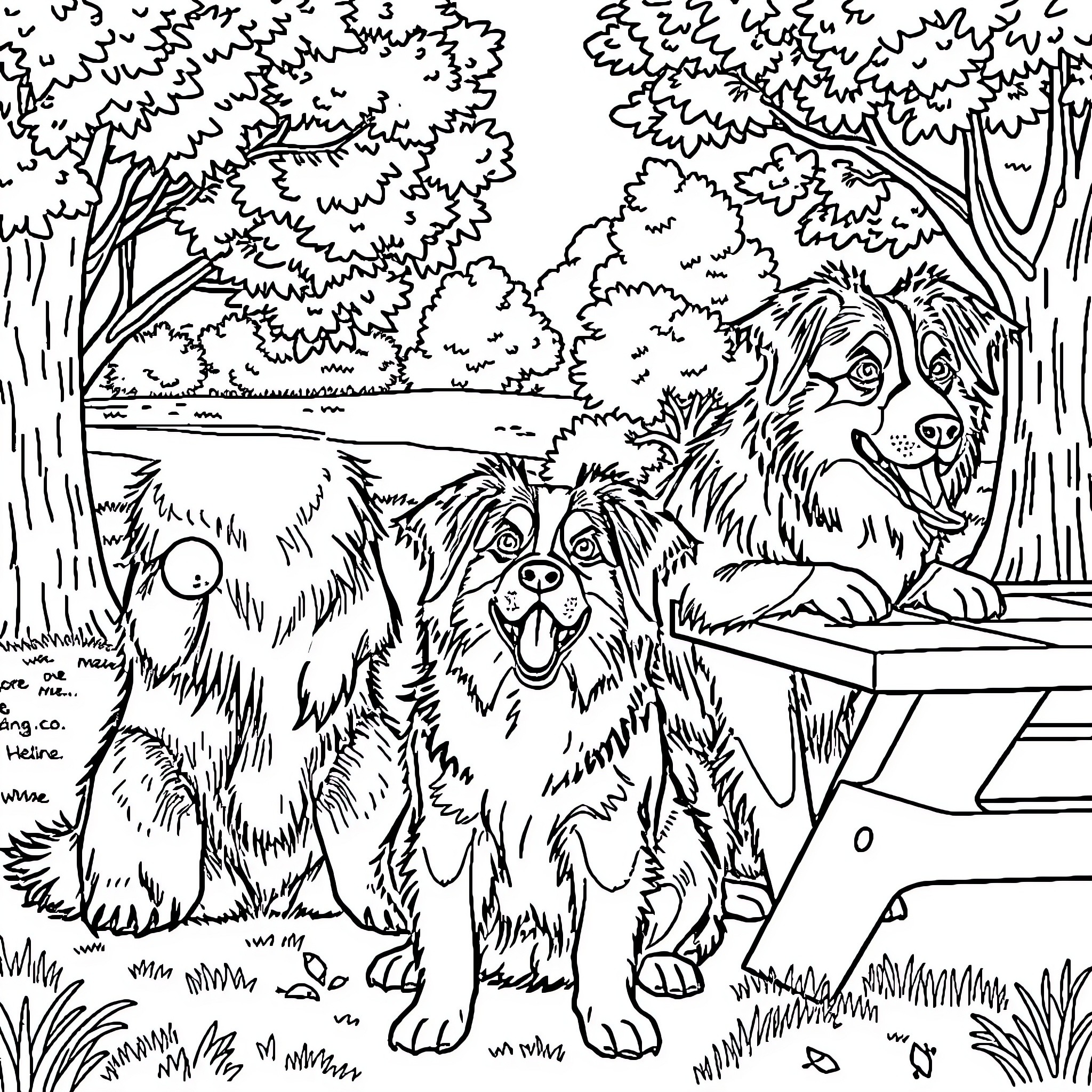 Australian Shepherd dogs exploring the wilderness Coloring Page (free black-and-white line drawing printable PDF for all, from beginners to advanced learners, including children, teens, adults, and seniors)