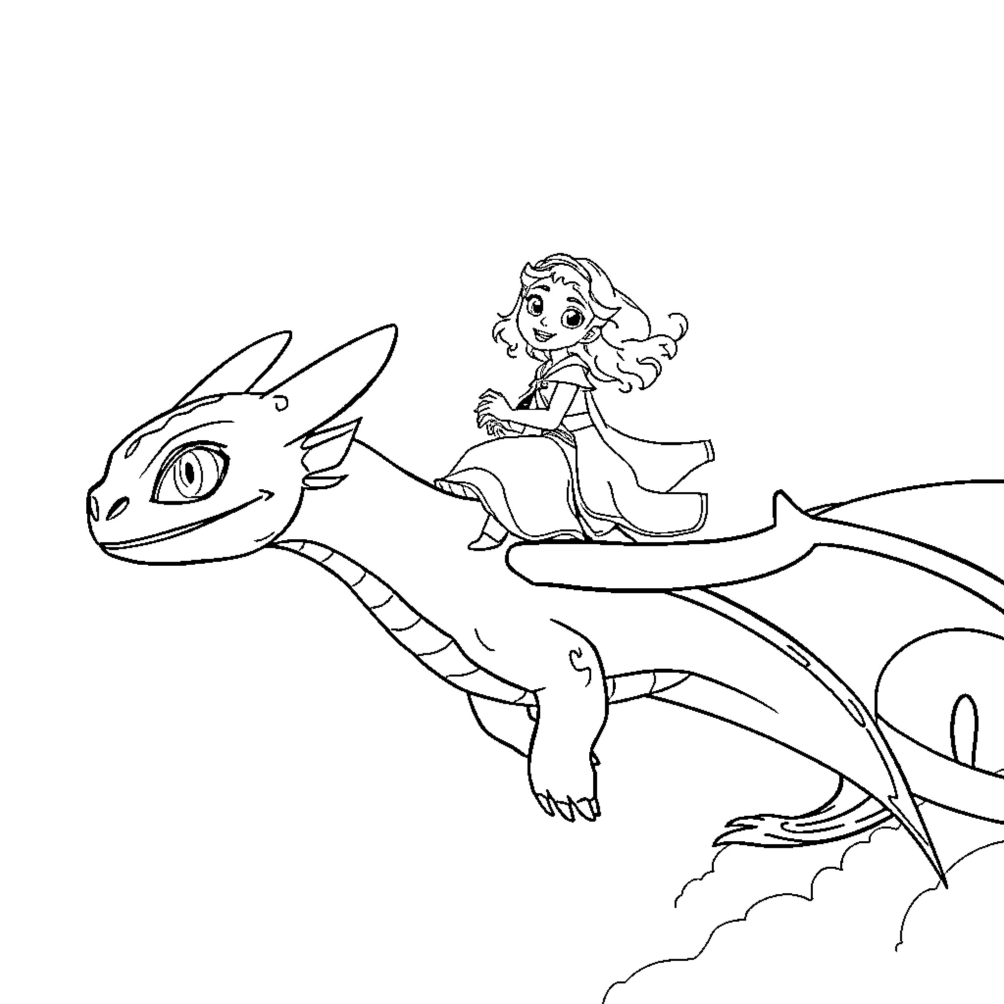 Hermine and her Friendly Dragon Companion Coloring Page (free black-and-white line drawing printable PDF for all, from beginners to advanced learners, including children, teens, adults, and seniors)