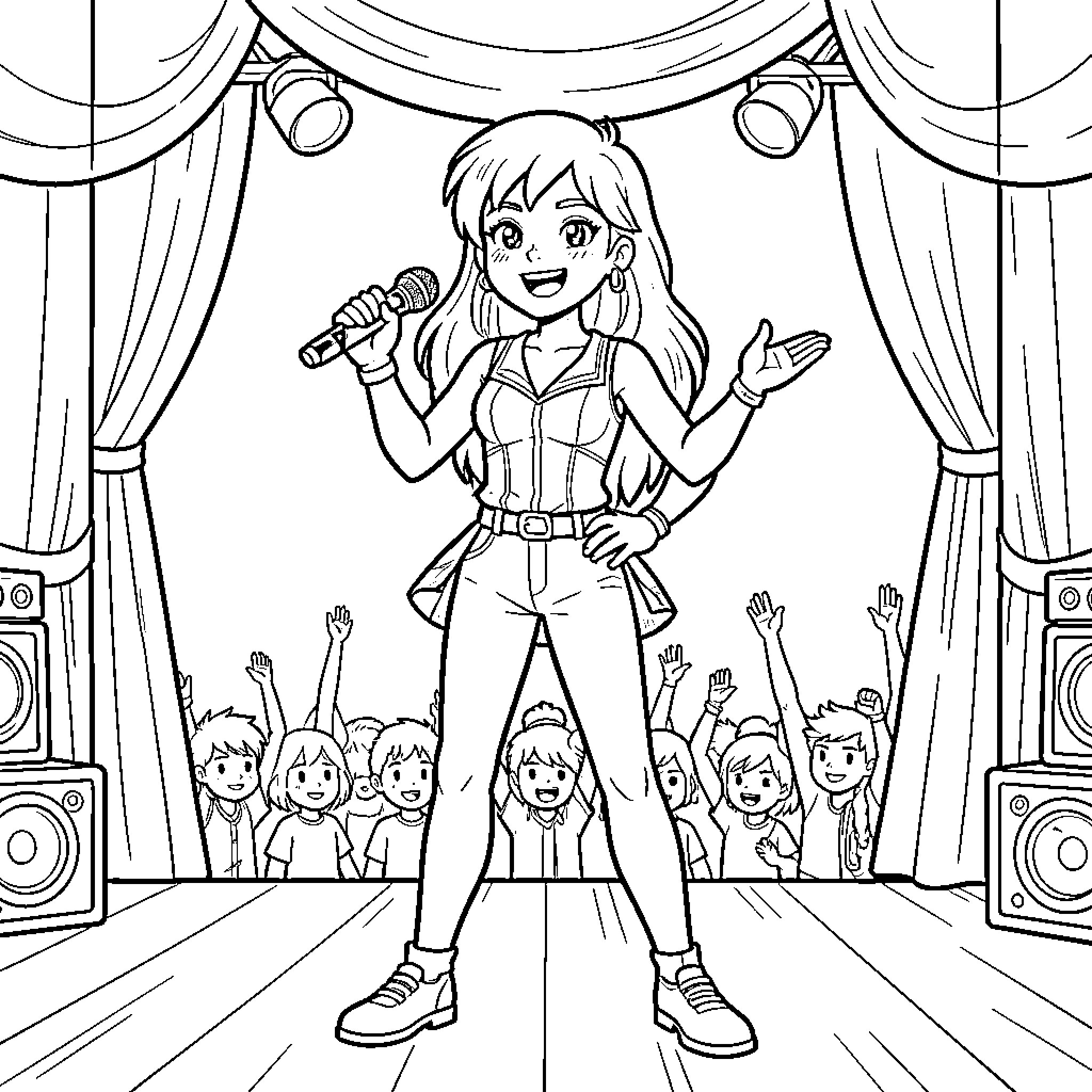 Katsey performing a song on stage for an audience Coloring Page (free black-and-white line drawing printable PDF for all, from beginners to advanced learners, including children, teens, adults, and seniors)