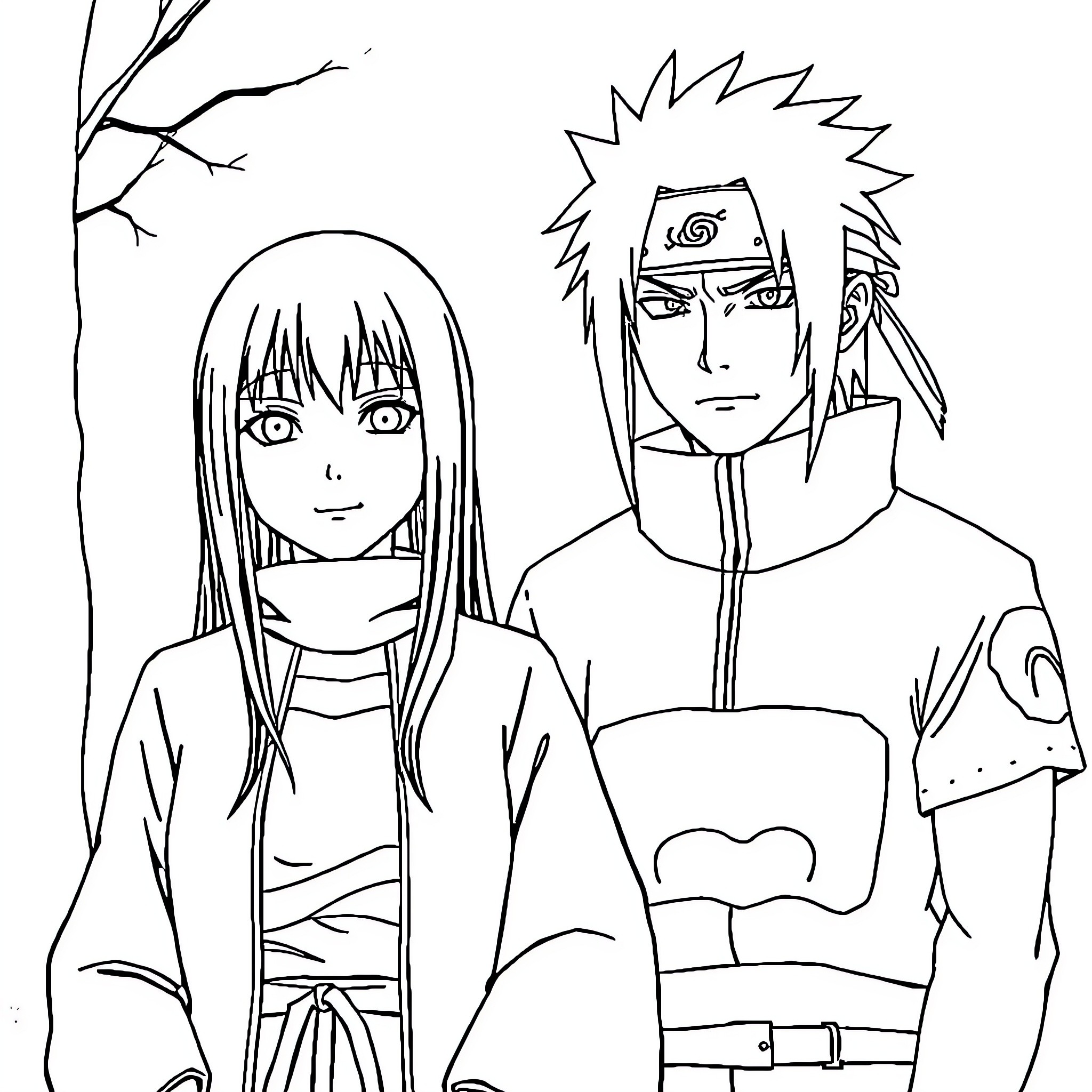 Hinata Hyuga and Naruto Uzumaki in contemplative poses Coloring Page (free black-and-white line drawing printable PDF for all, from beginners to advanced learners, including children, teens, adults, and seniors)
