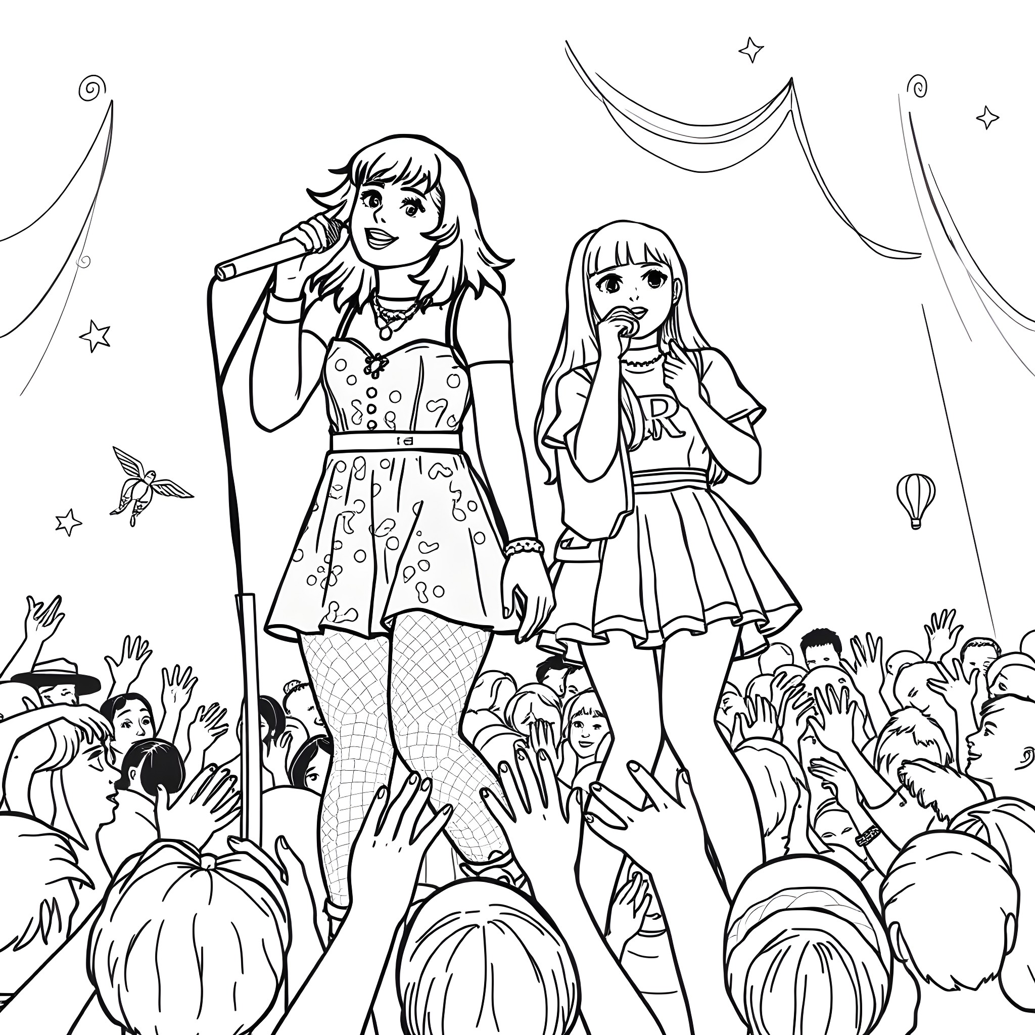 Melanie Martinez performing with her doll-like companion on stage Coloring Page (free black-and-white line drawing printable PDF for all, from beginners to advanced learners, including children, teens, adults, and seniors)
