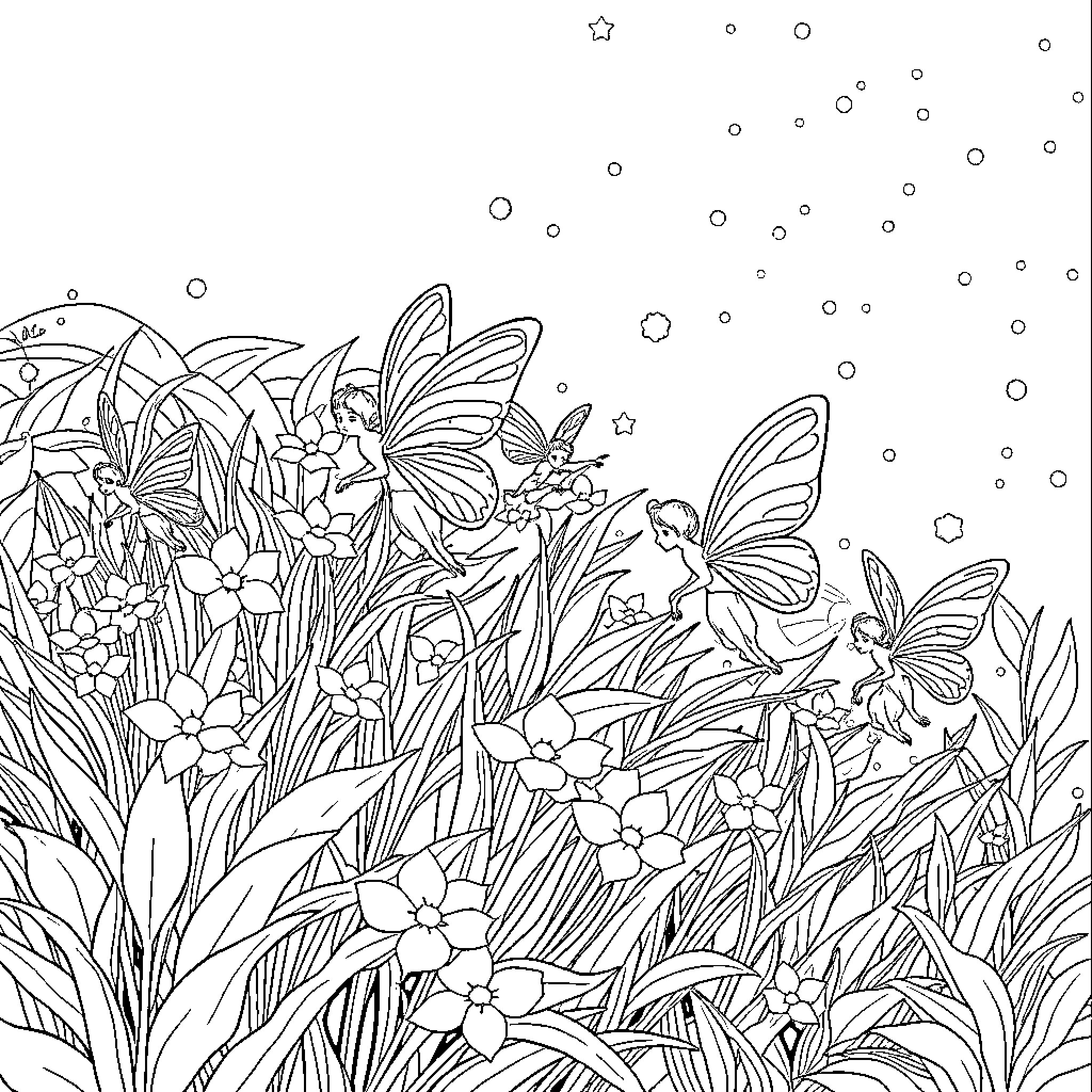 Fairy Fantasy Garden with Whimsical Butterflies Coloring Page (free black-and-white line drawing printable PDF for all, from beginners to advanced learners, including children, teens, adults, and seniors)