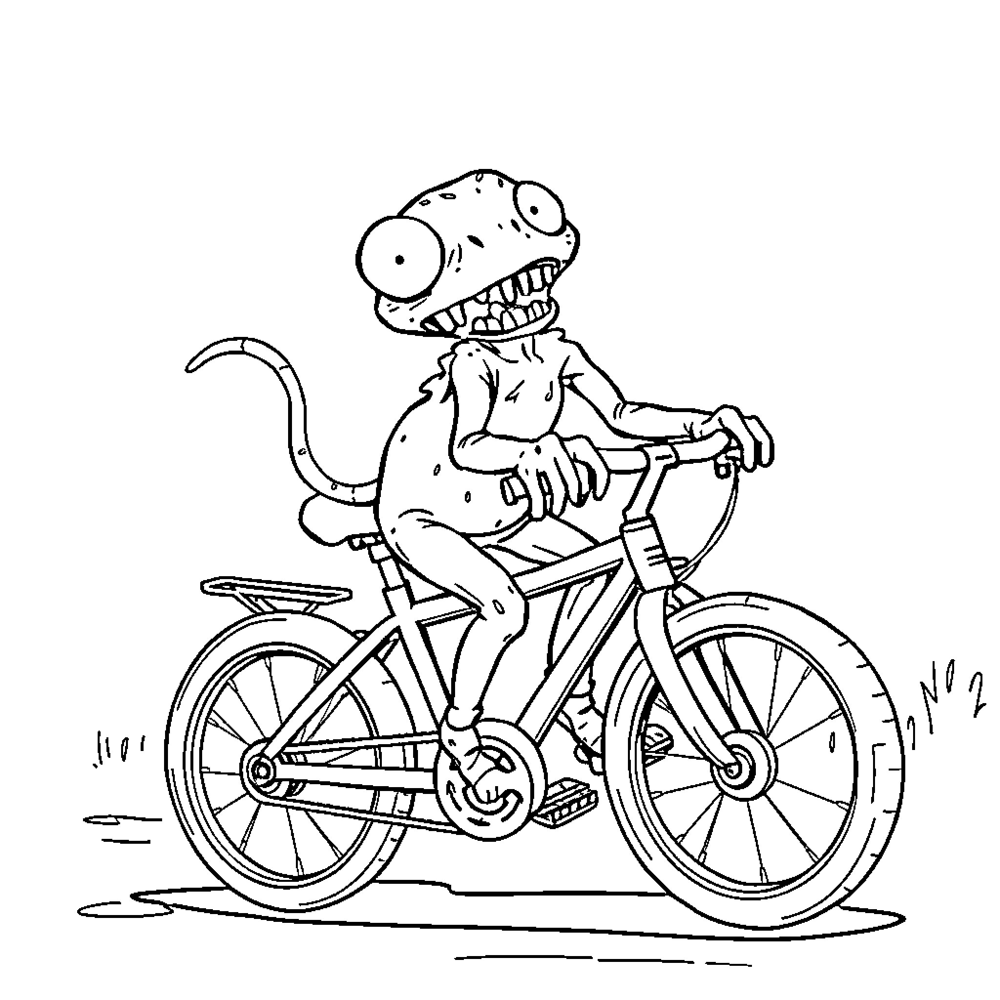 Zombie Frog riding a bicycle Coloring Page (free black-and-white line drawing printable PDF for all, from beginners to advanced learners, including children, teens, adults, and seniors)