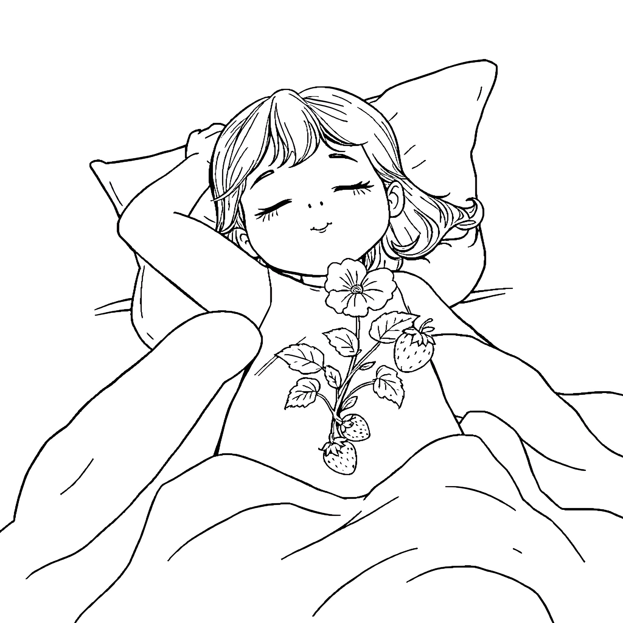 Girl sleeping peacefully with a flower Coloring Page (free black-and-white line drawing printable PDF for all, from beginners to advanced learners, including children, teens, adults, and seniors)